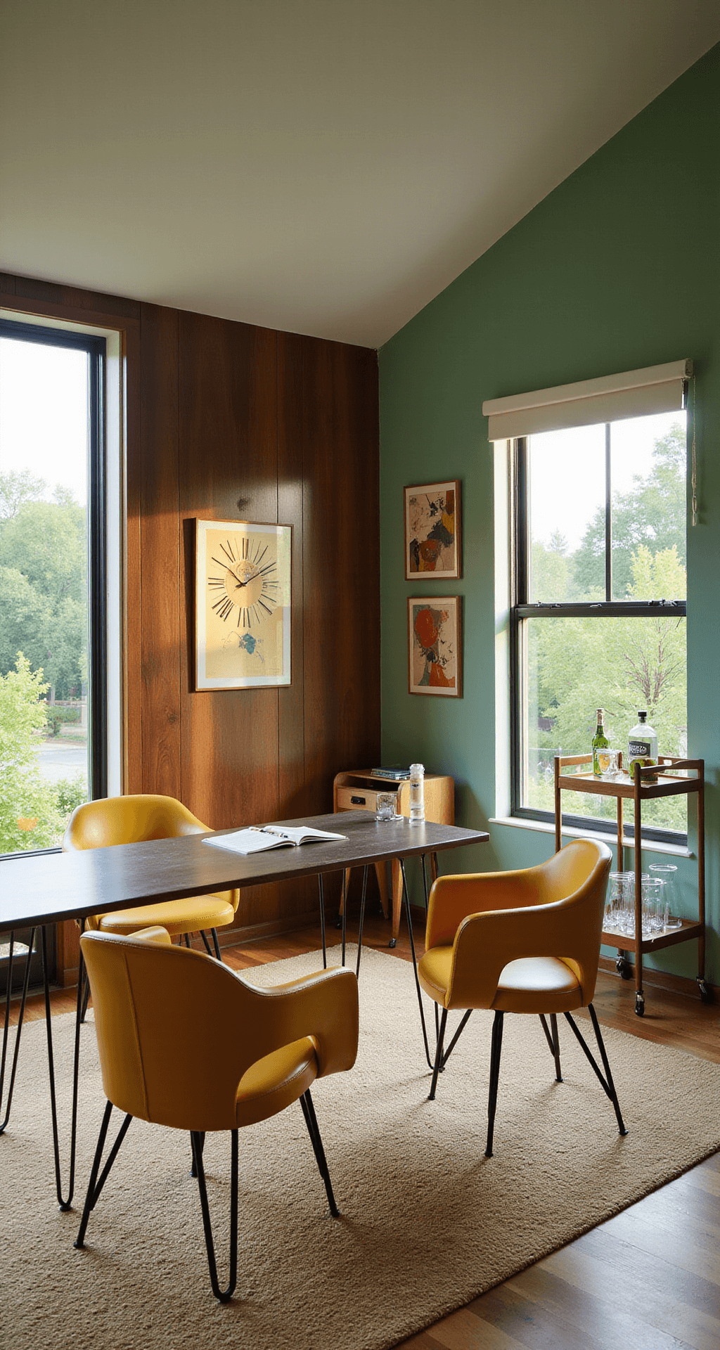 Bloxburg House Ideas: Modern Style A warm afternoon-lit retro-modern home office featuring walnut paneling, mint green walls, a sleek hairpin leg desk, mustard yellow leather chairs, a sunburst clock, abstract art prints, and a stylish bar cart with mid-century glassware, all captured from desk level.