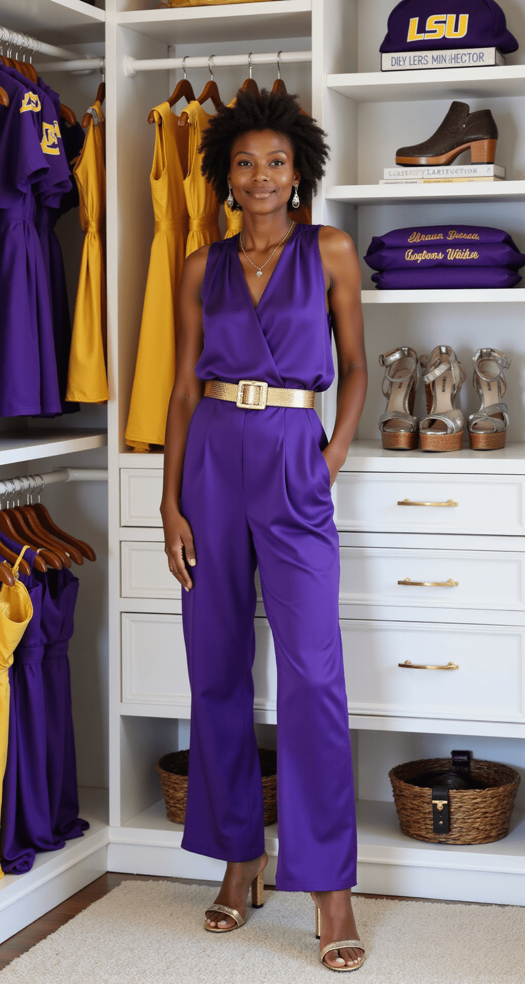 The Ultimate LSU Game Day Style A modern walk-in closet featuring a curated LSU gameday wardrobe section with purple dresses, gold skirts, and team shirts organized by color. A purple silk jumpsuit with a gold belt is prominently displayed on a dedicated shelf, accompanied by metallic sandals and statement accessories, illuminated by natural window light.