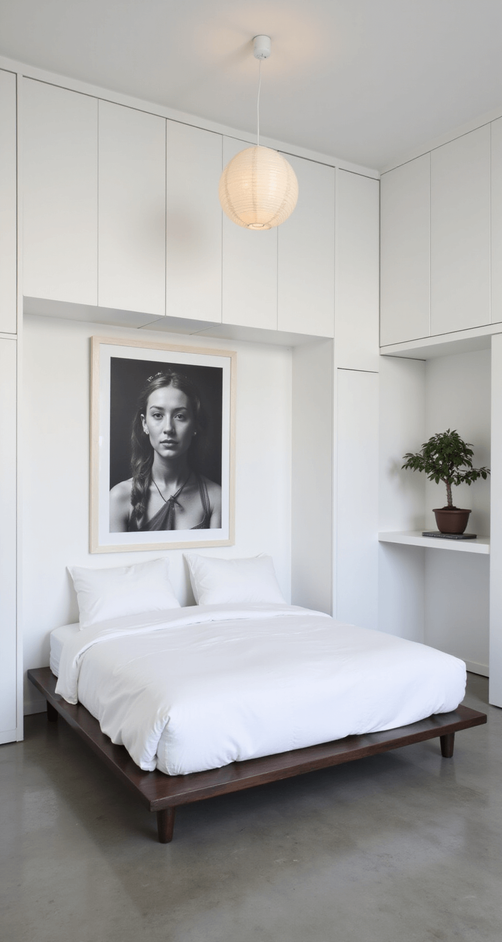 Bloxburg House Ideas: Modern Style A minimalist bedroom featuring stark white walls, polished concrete floors, and a low-profile platform bed with crisp white linens, accented by a large black-and-white photograph, built-in hardware-free closets, a Noguchi paper lantern, and a small bonsai tree on a floating shelf, captured from a high corner angle.