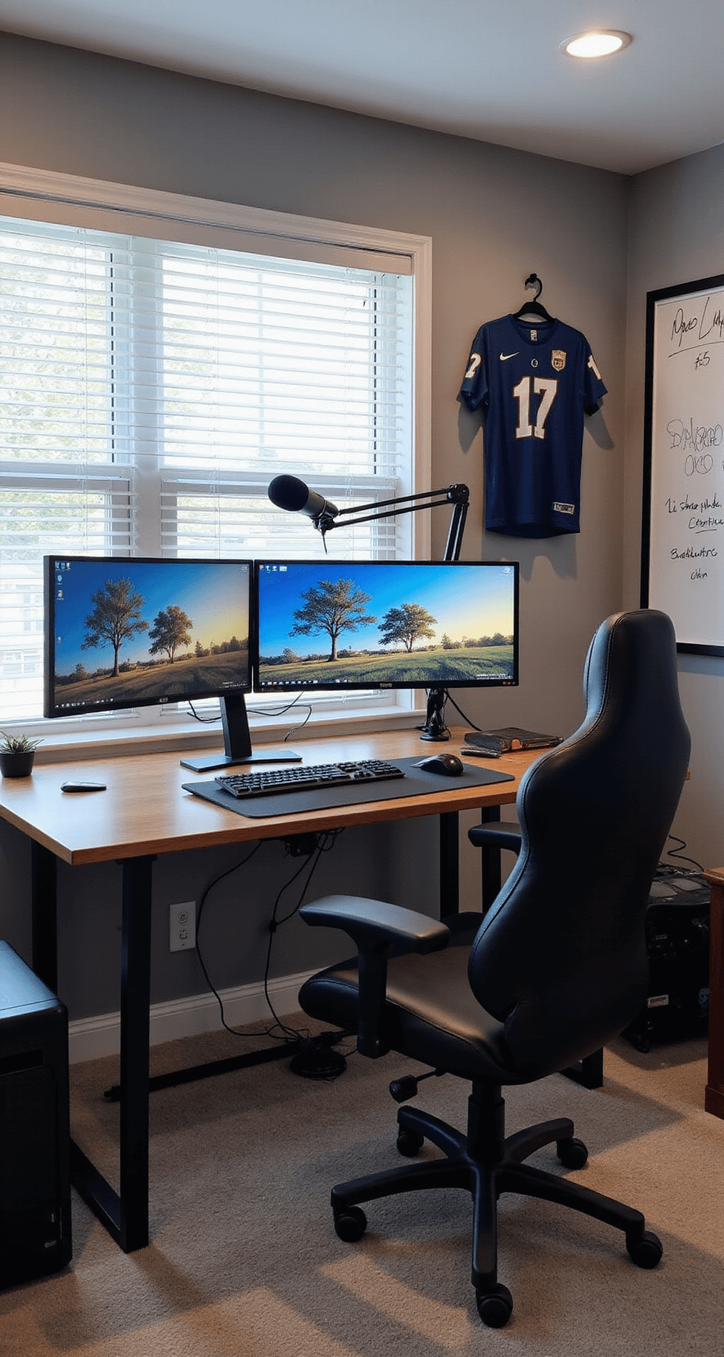 A modern home office and gaming setup featuring a motorized standing desk, three 32-inch monitors, a high-end gaming PC with RGB lighting, and an ergonomic black leather chair, alongside a whiteboard and framed eSports jerseys, all illuminated by afternoon light.