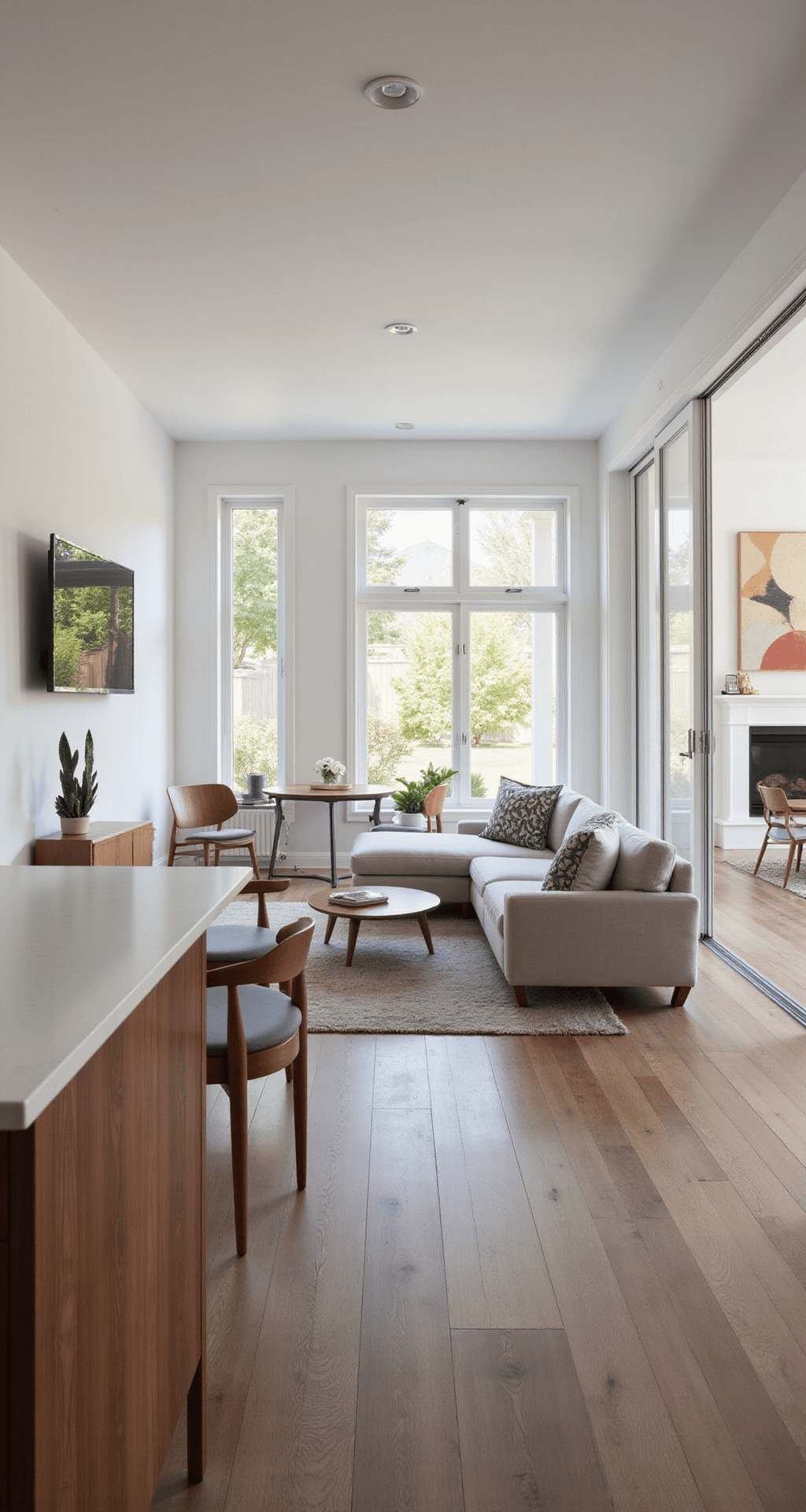 A cozy open-concept living area in a modern single-story home featuring floor-to-ceiling windows, a light gray L-shaped sectional facing a wall-mounted TV, a round wooden dining table with mid-century chairs, and a kitchen with white quartz countertops, all illuminated by warm afternoon light.