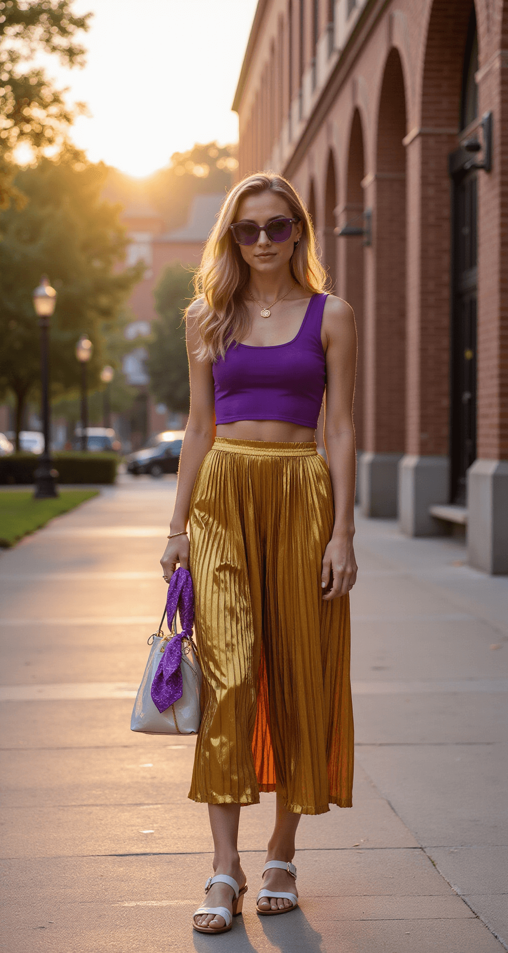 The Ultimate LSU Game Day Style A fashion blogger stands in a sunset urban scene near a historic campus, wearing a high-waisted gold pleated midi skirt and a fitted purple crop top, accessorized with oversized purple sunglasses and a gold body chain, while posing with a clear bag adorned with a purple scarf. The golden hour lighting casts a warm glow, creating an atmospheric lens flare.