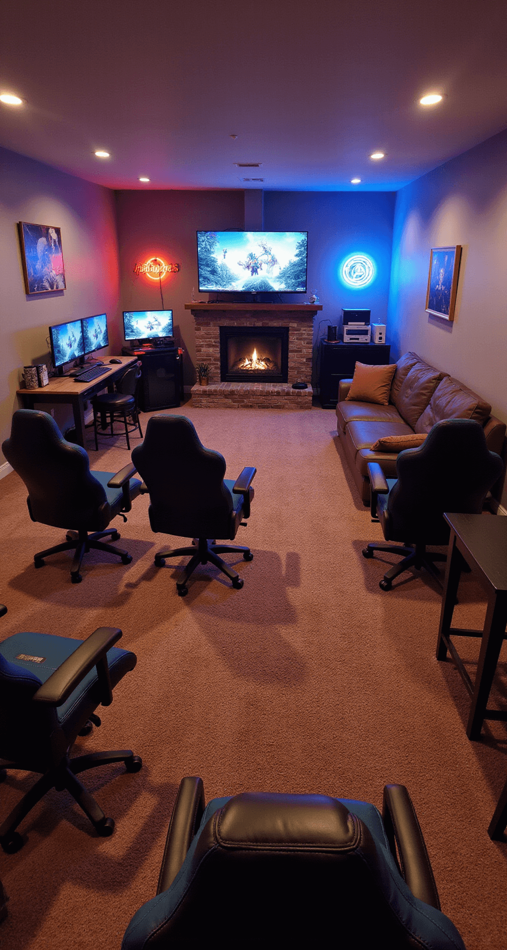 A spacious basement gaming lounge featuring multiple high-end gaming stations, an L-shaped sectional facing an 85-inch TV, a wet bar, and ambient neon lighting, all designed for a cozy and social gaming experience.