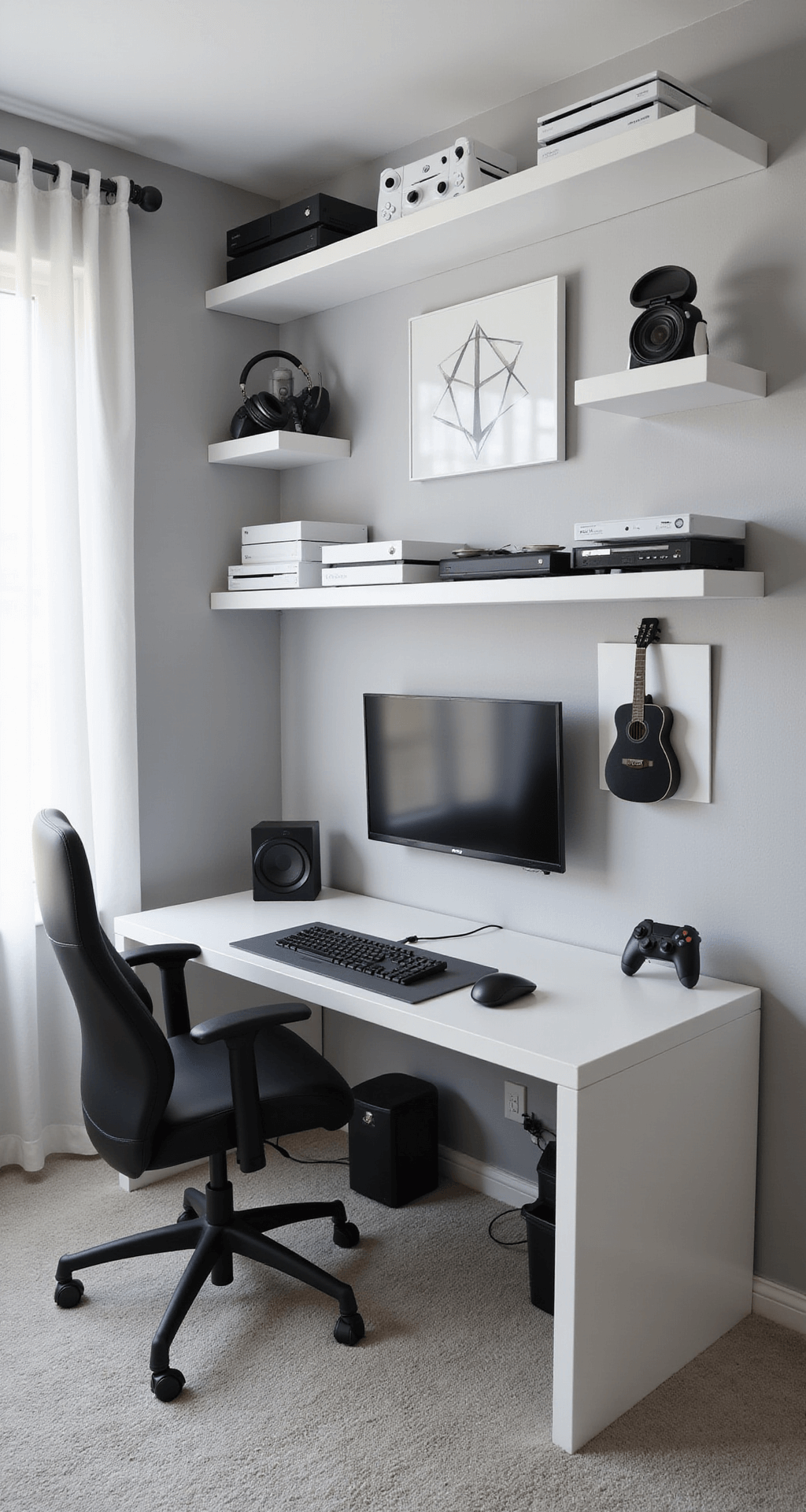 Overhead view of a minimalist gaming setup in a cozy room, featuring a clean white and grey color scheme, morning light filtering through sheer curtains, floating shelves with consoles, organized desk with hidden cables, a matte black gaming chair, and geometric LED wall panels against a soft light grey carpet.