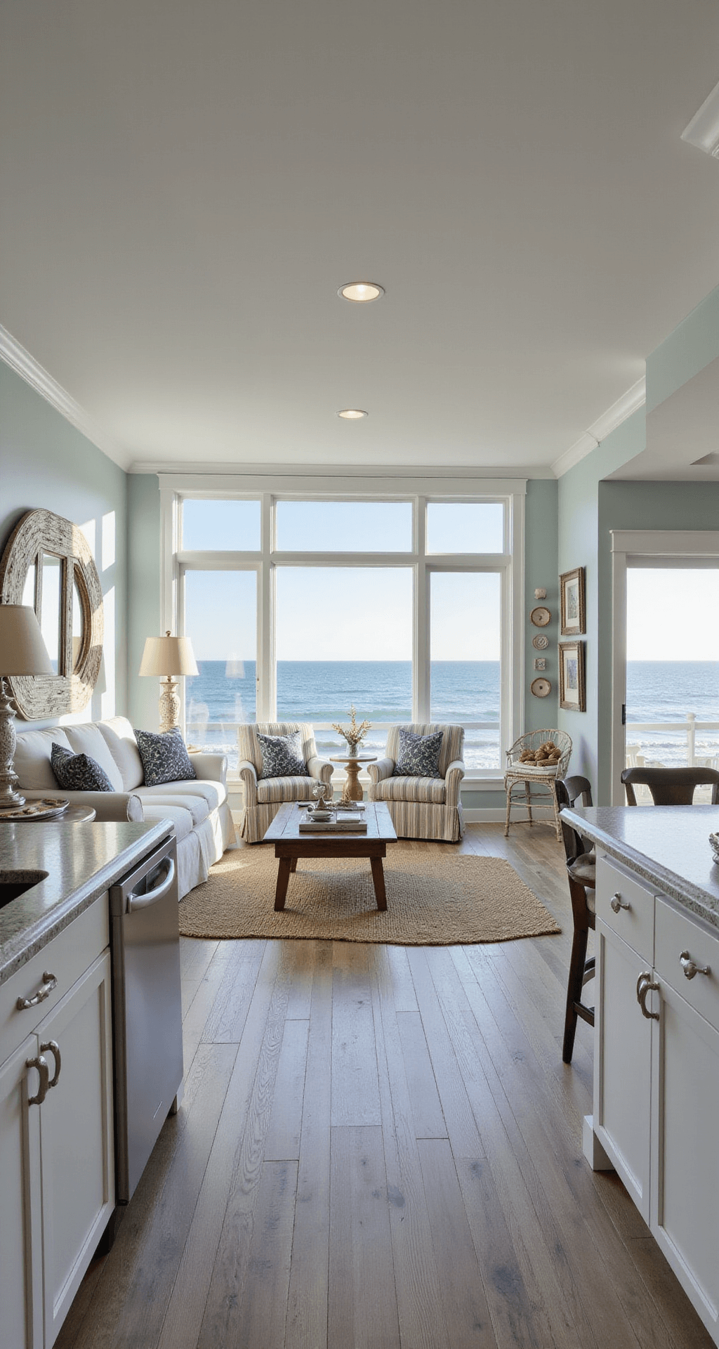 A cozy coastal living room with whitewashed wooden floors, pale blue walls, and large windows showcasing an ocean view. A slipcovered white sofa and striped armchairs surround a weathered wood coffee table, complemented by coastal decor and a jute rug. Adjacent kitchenette features white shaker cabinets and pale gray quartz countertops, all illuminated by warm golden hour light.