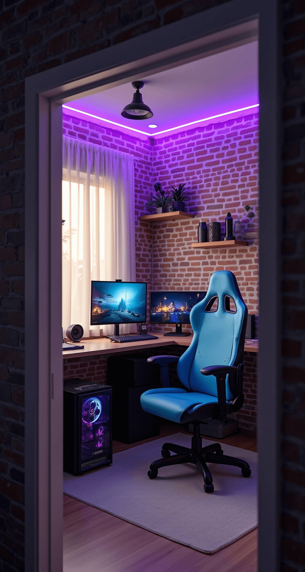 A compact gaming room featuring exposed brick walls, a large window with sunlight filtering through sheer curtains, an L-shaped desk with dual monitors, a sleek gaming PC, floating shelves with collectibles, and a plush electric blue gaming chair. The room is illuminated by LED strip lights set to soft purple, creating a cozy yet futuristic atmosphere.