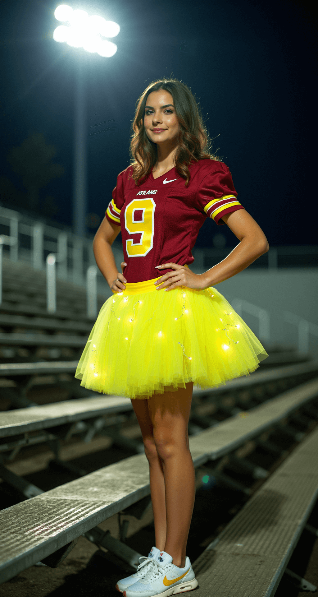 A young woman confidently poses on metal bleachers at a high school football stadium, wearing a vintage team jersey and a fluorescent yellow tulle tutu adorned with fairy lights, while white Nike sneakers with light-up shoelaces complete her look, all captured under dramatic stadium lighting with a dreamy bokeh background.