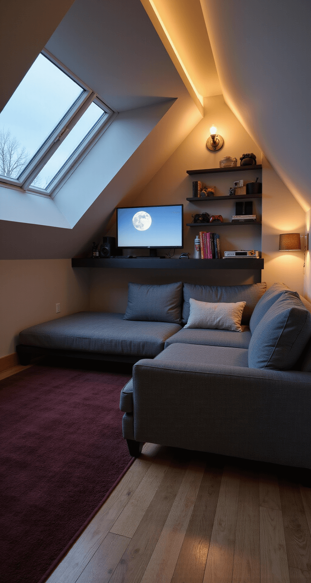 A cozy attic gaming nook with sloped ceilings, featuring a floating platform for a 55