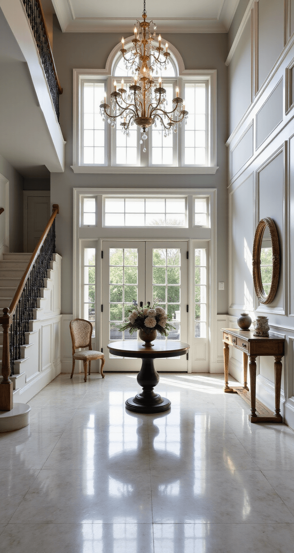 Impressive entryway of a mini mansion with 20ft ceilings, a grand chandelier, sweeping staircase, polished marble flooring, and elegant decor featuring wainscoting and a large floral arrangement.