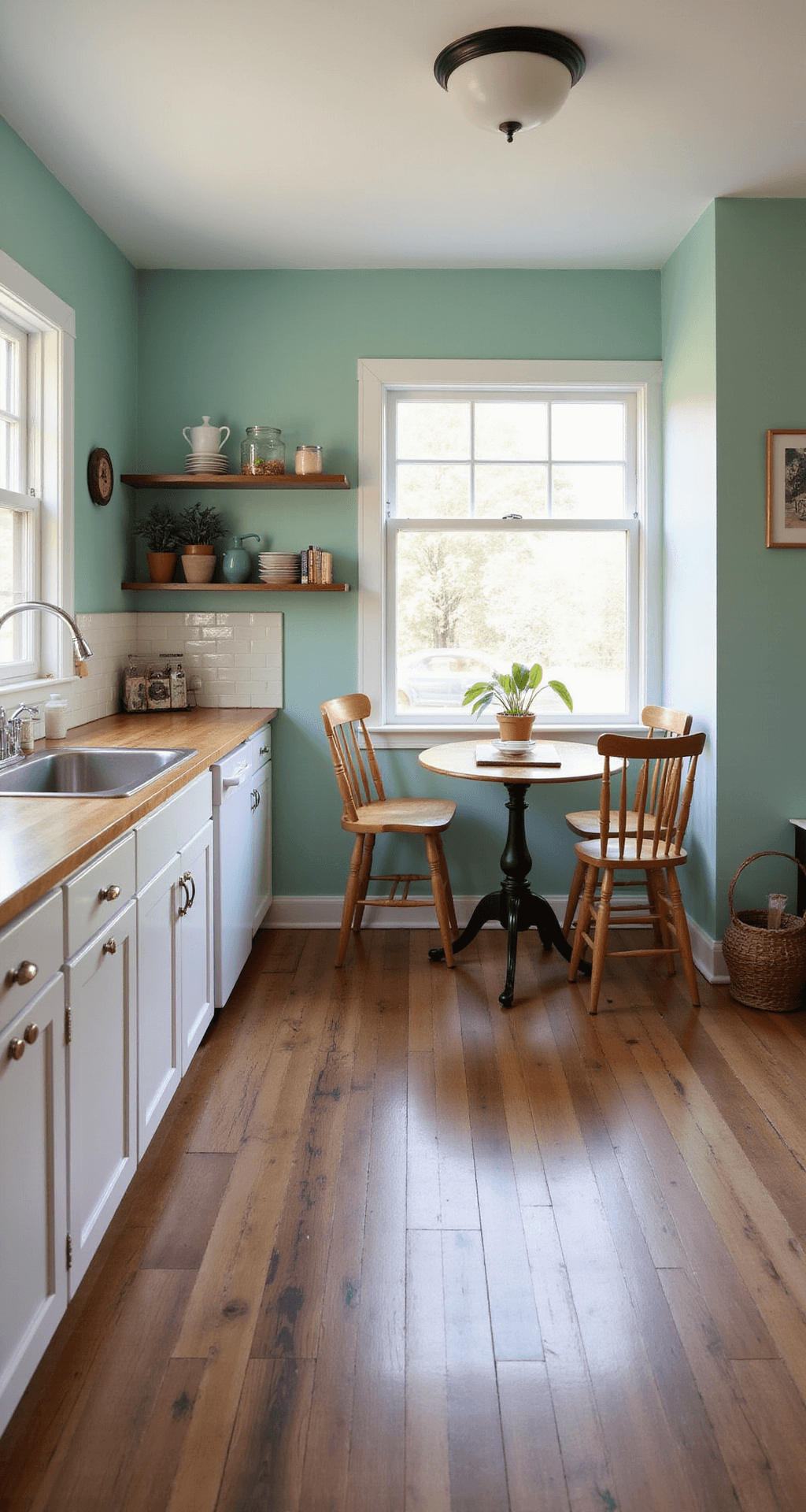 A cozy starter bungalow kitchen-dining area featuring white shaker cabinets, butcher block countertops, a small peninsula with bar stools, and a round pedestal table with mismatched chairs, all illuminated by natural light from a large window and soft ambient lighting.