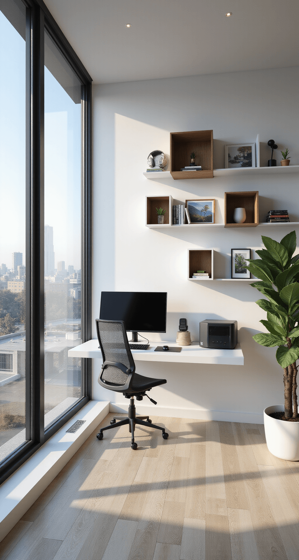 A minimalist gaming space with floor-to-ceiling windows, an ultrawide monitor on a white desk, a gray ergonomic chair, hidden cables, floating shelves with gaming art, and a fiddle leaf fig, all bathed in early morning light.