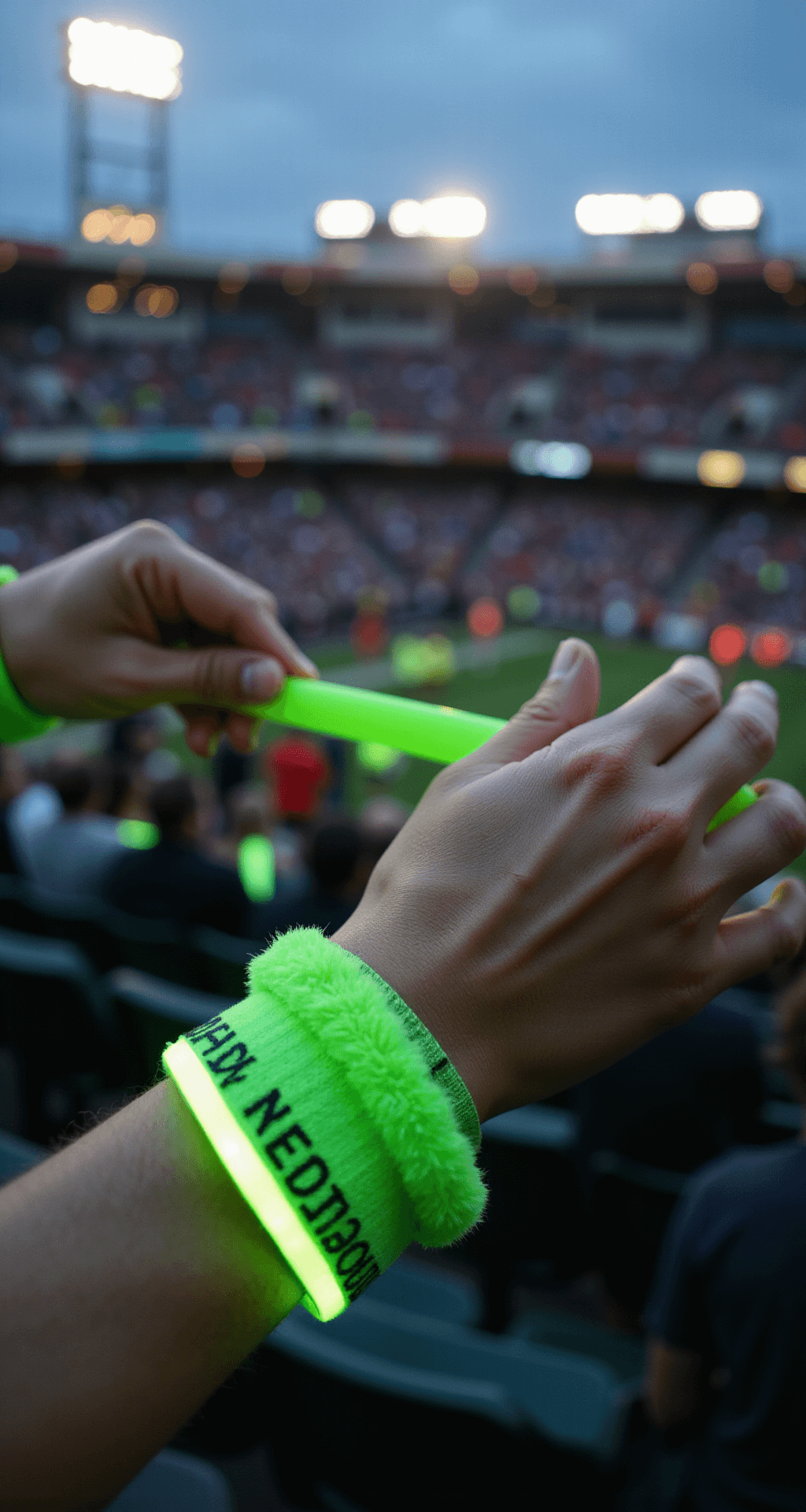 Close-up of hands adjusting neon green sweatbands and glow stick bracelets, with a blurred stadium crowd in the background; evening light and stadium lights create dynamic shadows, highlighting the textures of the terry cloth and glossy surfaces.
