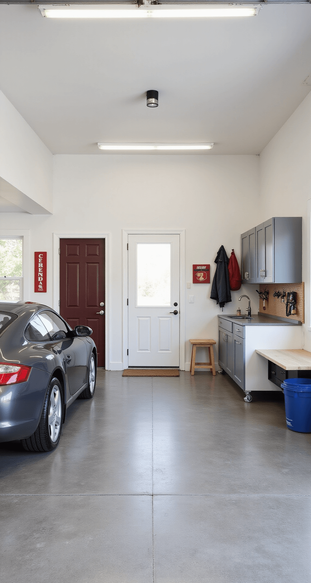 Modern garage interior with polished concrete flooring, white walls, and a single car. Features multifunctional area, built-in cabinets, pegboard storage, and a DIY workbench by a window. Includes a side door to a mudroom with hooks and bench, accented by red tool storage in a gray and white palette. High-angle view captures the layout and bright, even lighting.