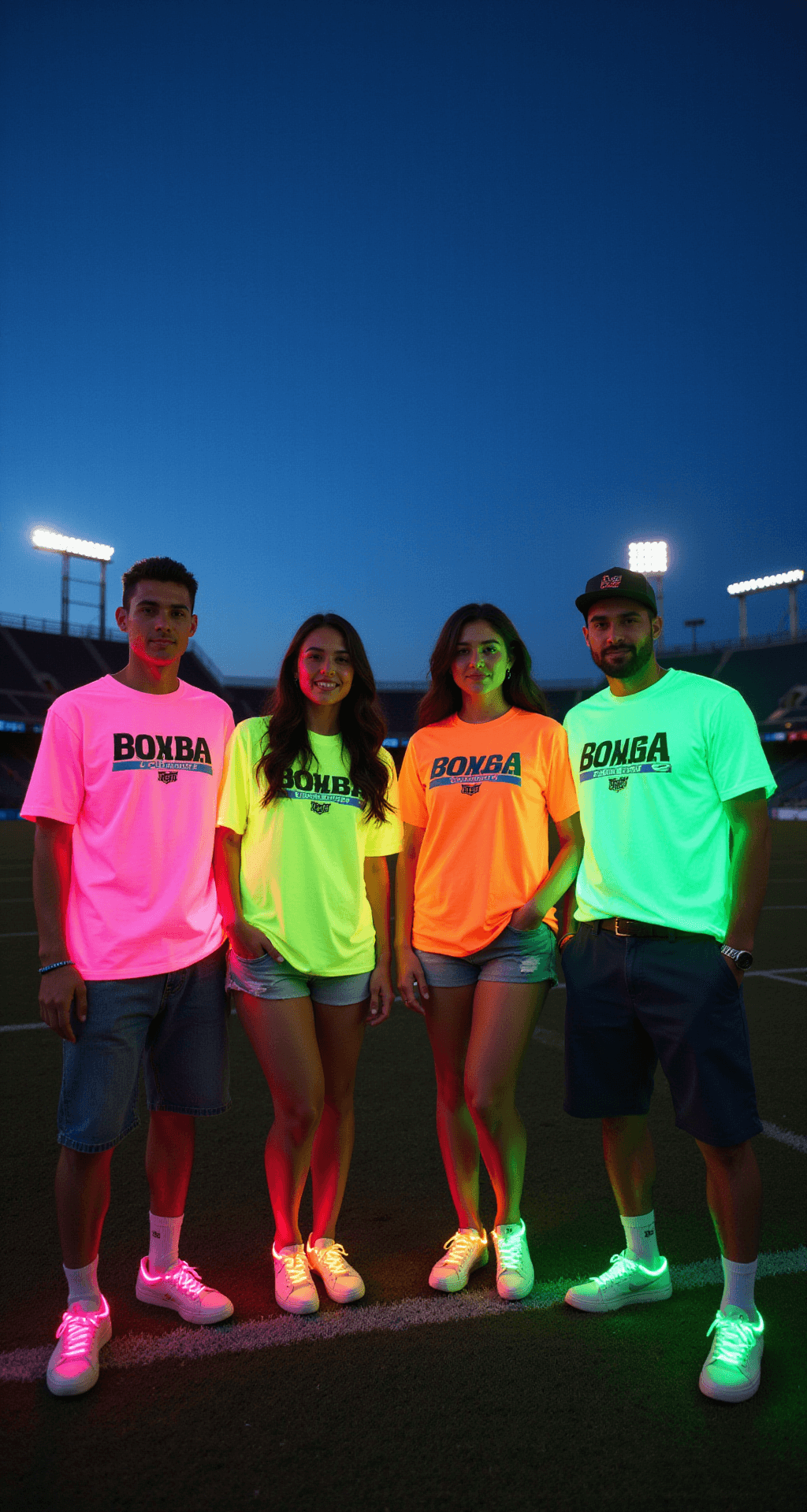 Wide angle group shot of four friends in coordinated neon outfits (pink, yellow, green, orange) with white base layers and matching team logos, against a dark stadium backdrop. Battery-operated accessories provide points of light, captured at blue hour with mixed lighting.