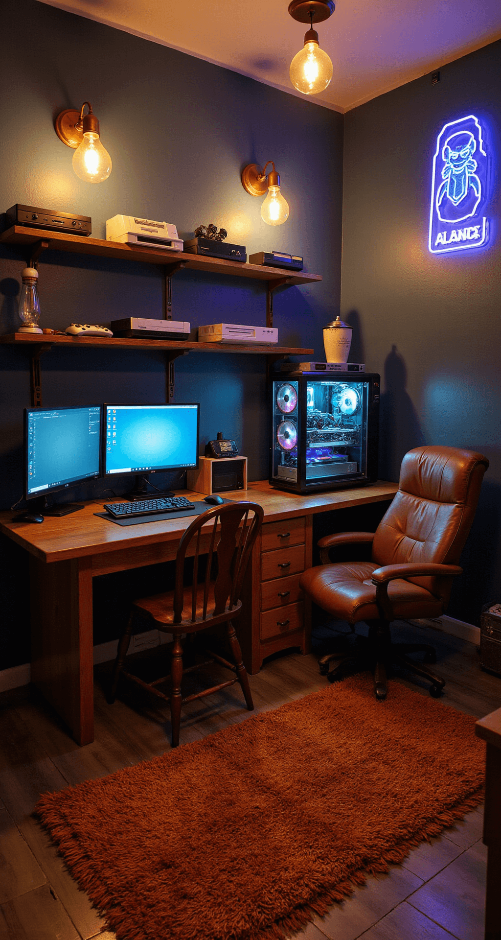 A cozy retro-inspired gaming den with dark navy walls, featuring warm Edison bulb lighting, a vintage wooden desk with dual monitors, a custom-built PC with neon internals, a worn leather armchair, floating shelves with gaming consoles, a burnt orange shag rug, and nostalgic décor including lava lamps and a neon sign.