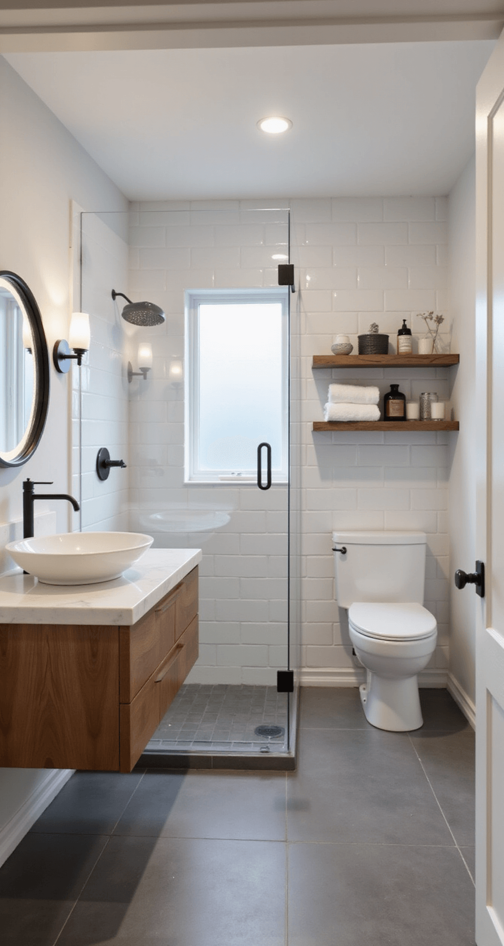 Stylish, space-efficient bathroom in a no-gamepass Bloxburg home featuring a walk-in shower, floating vanity, gray floor tiles, round mirror with LED lighting, open shelving, and a small frosted glass window.