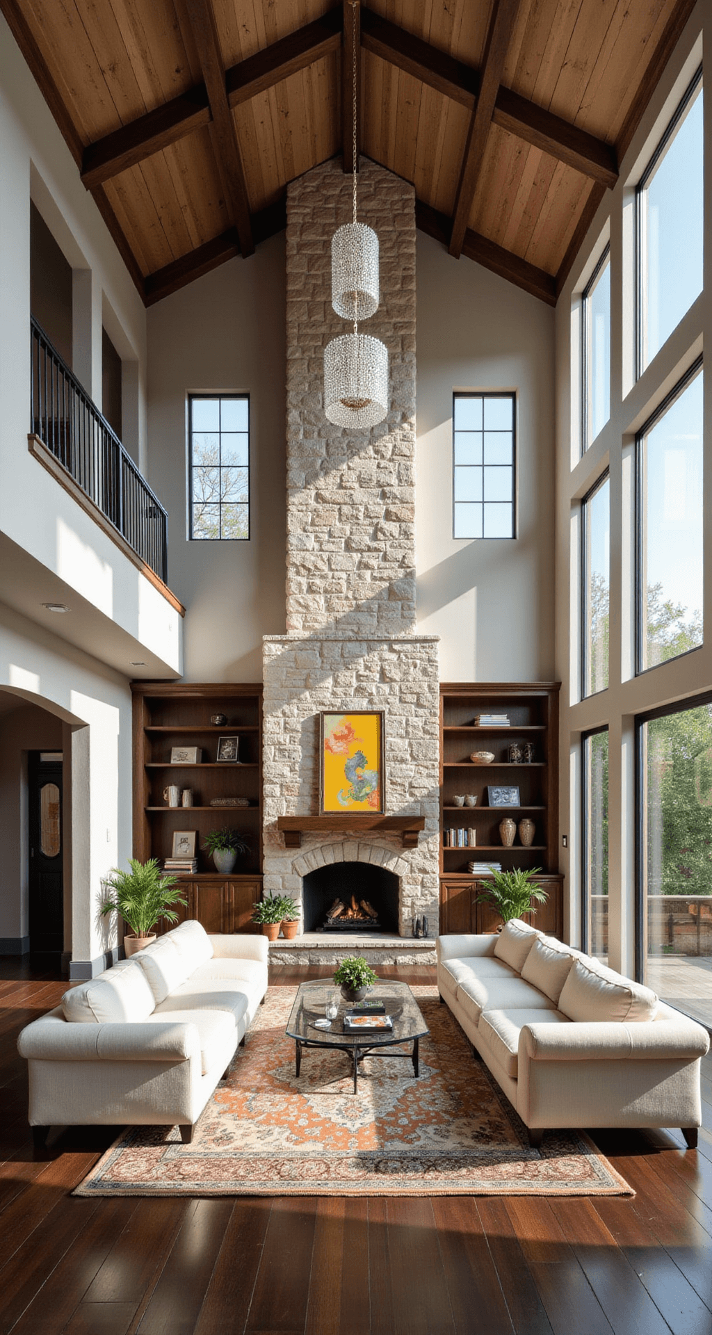Interior of a luxurious two-story mansion living room with high ceilings, large windows, a grand fireplace, plush sofas, hardwood floors, and elegant decor.