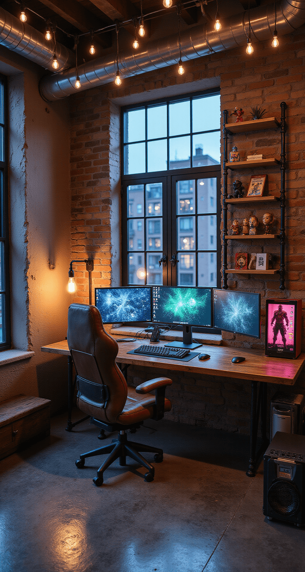 An industrial-chic gaming loft featuring exposed ductwork, polished concrete floors, and factory-style windows with city lights. A reclaimed wood and steel gaming desk holds triple monitors and a custom water-cooled PC, accompanied by a distressed leather chair. Metal pipe shelving displays action figures and game boxes, while a vintage arcade cabinet adds character. Edison bulb string lights enhance the moody ambiance with neon accents. The image is captured from a high angle, showcasing the urban gaming vibe.