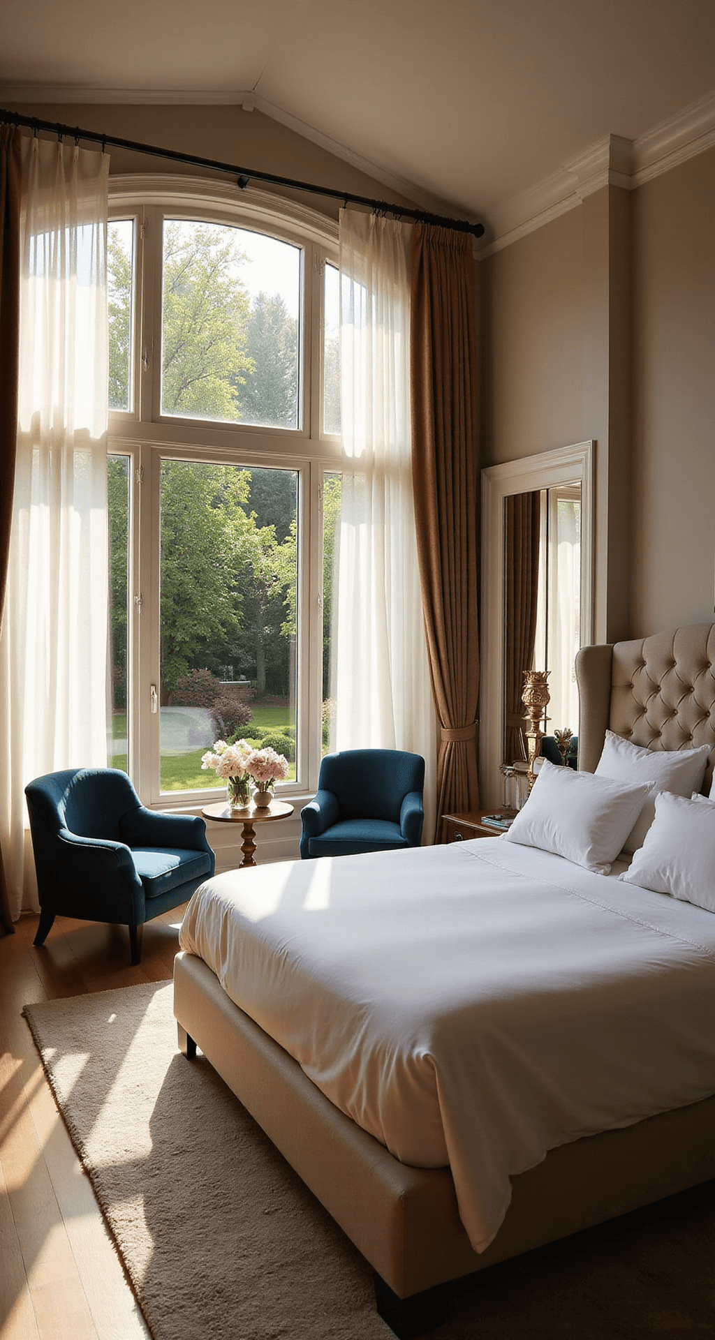 A spacious master bedroom in a two-story mansion at sunrise, featuring a king-size four-poster bed, vaulted ceiling, large bay windows, and a sitting area with navy velvet chairs, all illuminated by soft golden light.