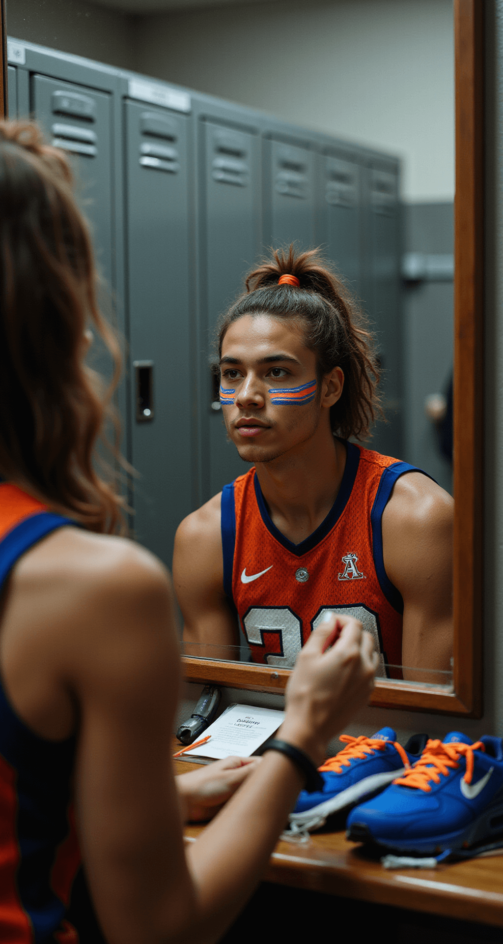 Close-up of a locker room mirror reflecting a person applying vibrant neon face paint stripes, with warm lighting illuminating metallic lockers. The subject, dressed in a team jersey, has neon accessories arranged on a nearby bench.