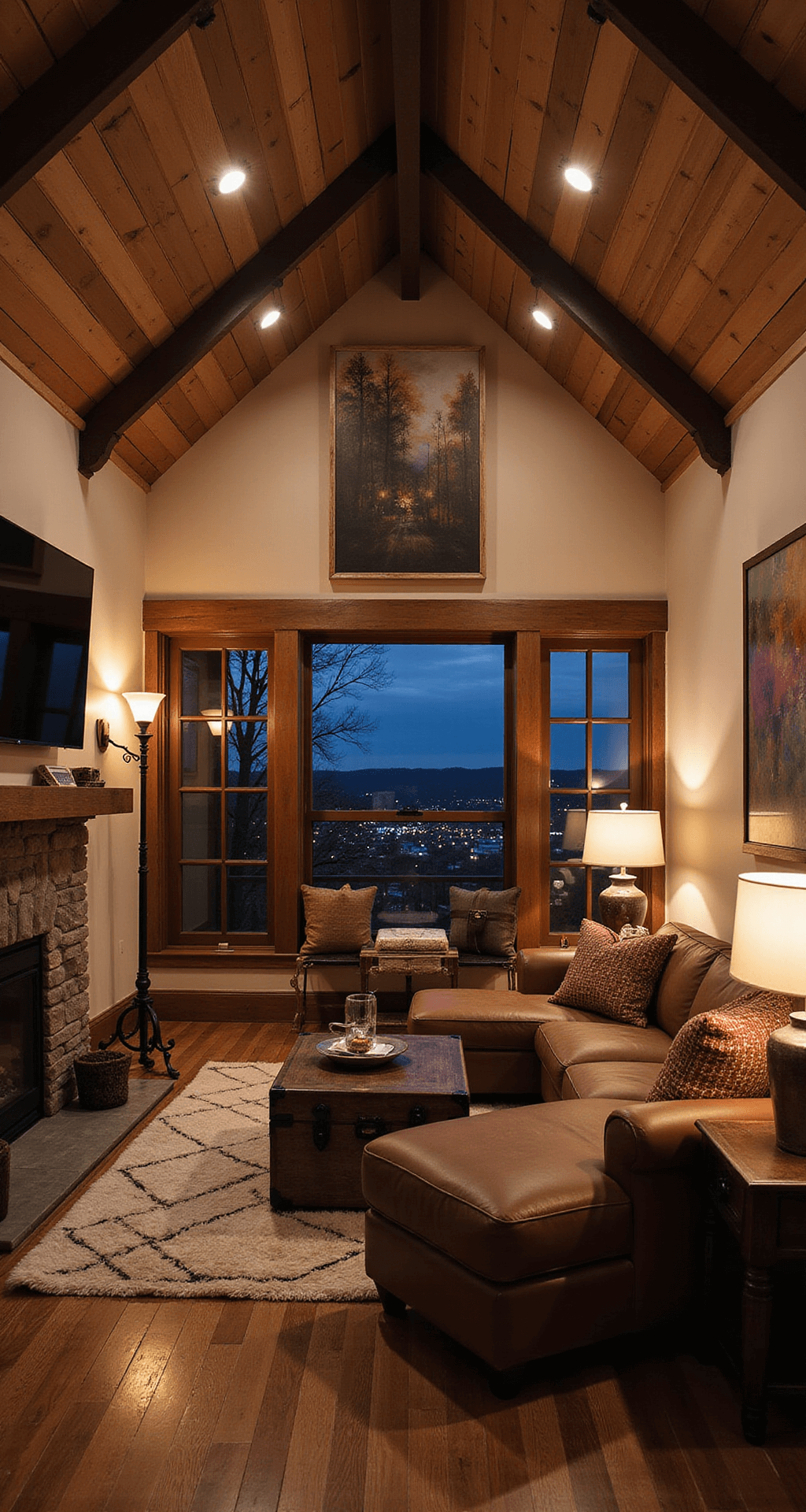 Cozy two-story mini mansion living room at dusk, featuring a pitched ceiling with exposed rafters, warm lighting, an L-shaped leather sofa, stone fireplace, large smart TV, rustic coffee table, vintage trunk, modern abstract art, small writing desk, and soft textures from pillows and a faux fur rug.