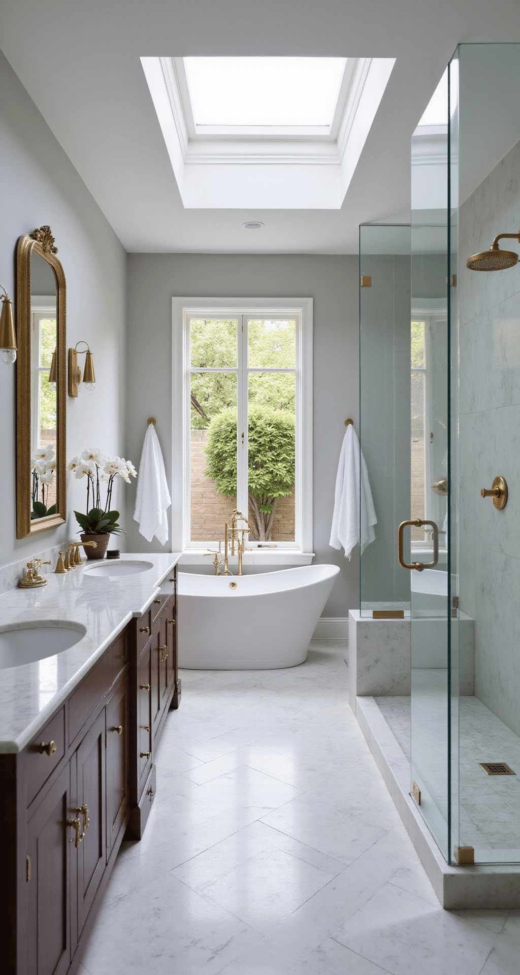 Luxurious two-story mansion bathroom featuring a freestanding white porcelain tub, double vanities with marble countertops, and a glass-enclosed rainfall shower, all illuminated by natural light from a skylight, with herringbone-patterned marble floors and serene grey walls.