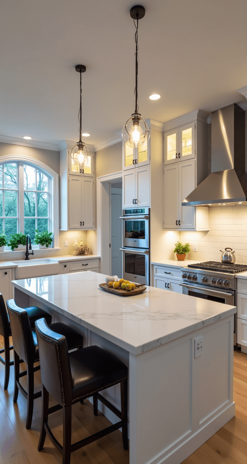 A luxurious two-story gourmet kitchen featuring a large island with waterfall quartz countertop, stainless steel appliances, custom white cabinetry, and a butler's pantry, all illuminated by warm pendant and under-cabinet lighting.