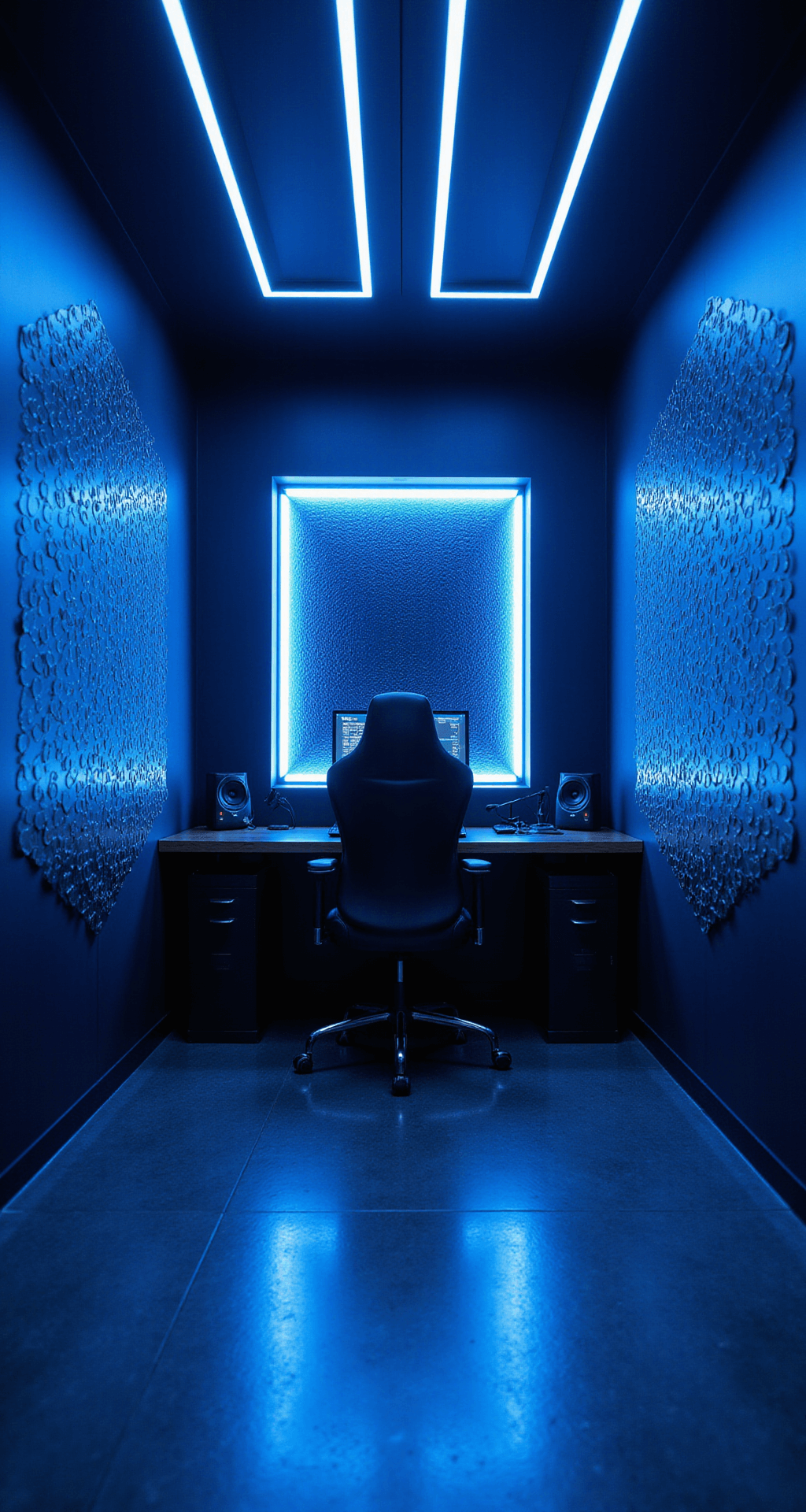 An immersive sci-fi themed gaming room featuring LED light strips in a Tron-like grid on dark walls, a floating custom gaming station with underlighting, metallic blue hexagonal acoustic panels, a transparent OLED display as a divider, integrated cable management, and a polished epoxy floor reflecting ambient lighting.