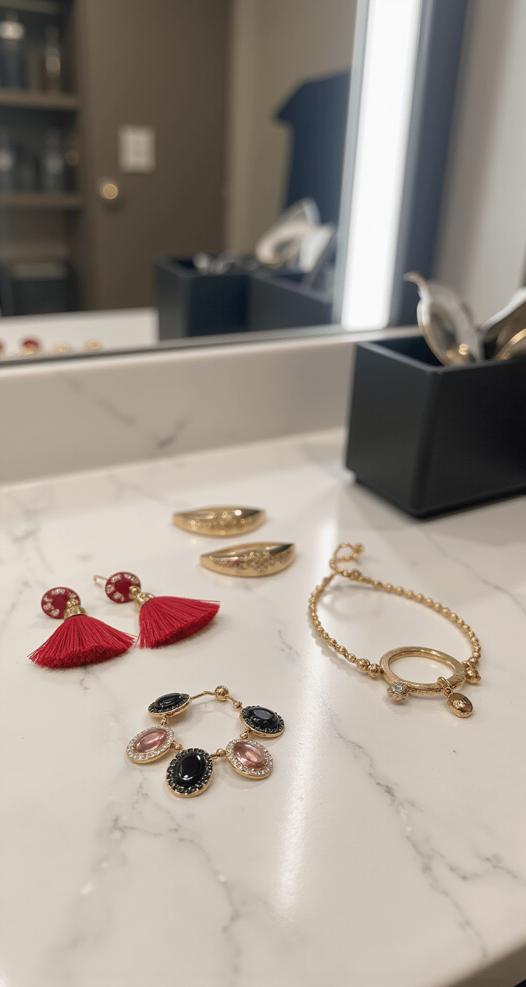 The Ultimate Game Day Outfit Close-up of game day accessories arranged on a marble counter, featuring team-colored statement earrings, metallic temporary tattoos, coordinating hairclips, and a delicate team charm bracelet, illuminated by soft ambient lighting.