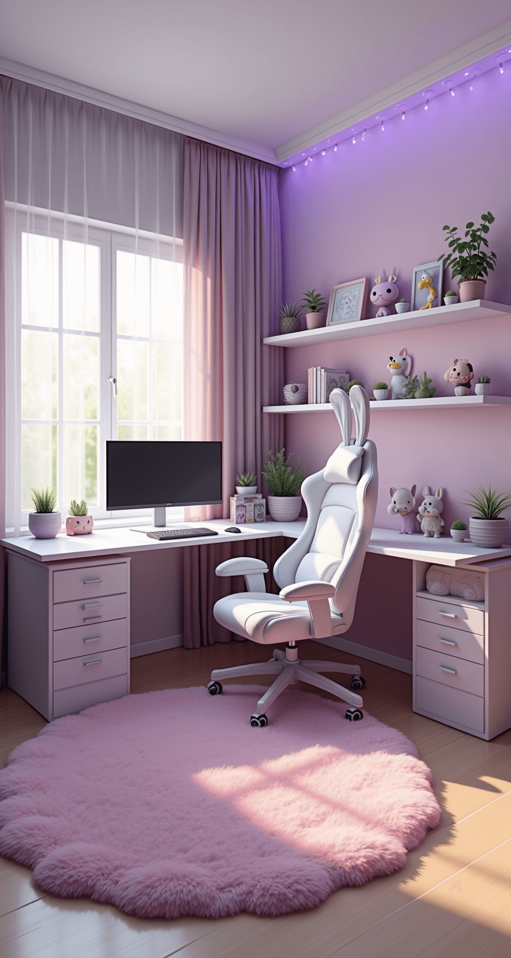 Gaming Room Setup for Girls: Inspiration & Key Elements A softly lit gaming room featuring a white L-shaped desk with dual monitors, pastel peripherals, and an empty plush white gaming chair. Floating shelves with pop figures and succulents adorn gradient pink to lilac walls, while a fluffy pink rug complements the light wood flooring. Fairy lights frame the window, enhancing the dreamy ambiance.