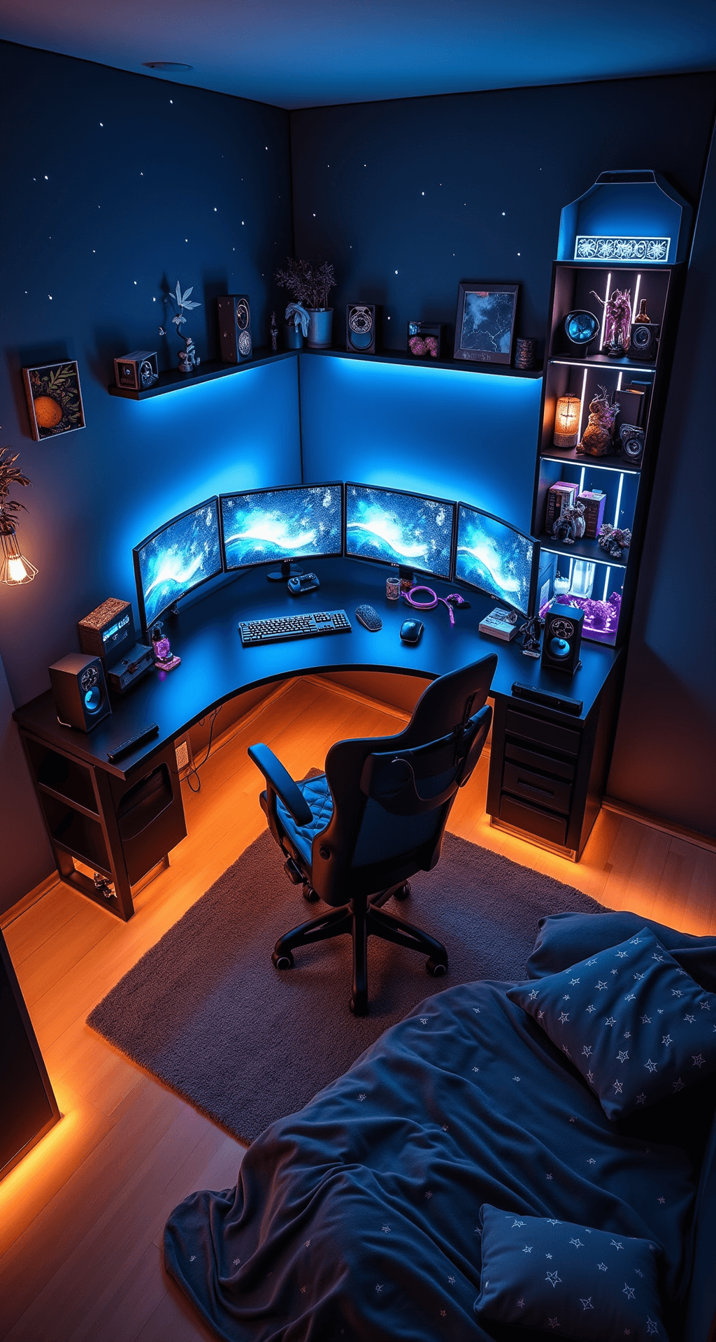 A cozy 10x12 ft gaming nook with warm LED lighting, featuring a custom black gaming PC with neon blue accents, three curved monitors, blue and black speakers, and a black leather gaming chair. Geometric shelving displays RGB-lit collectibles. Deep navy walls with silver constellations and a star-patterned throw blanket in a reading nook, viewed from above.