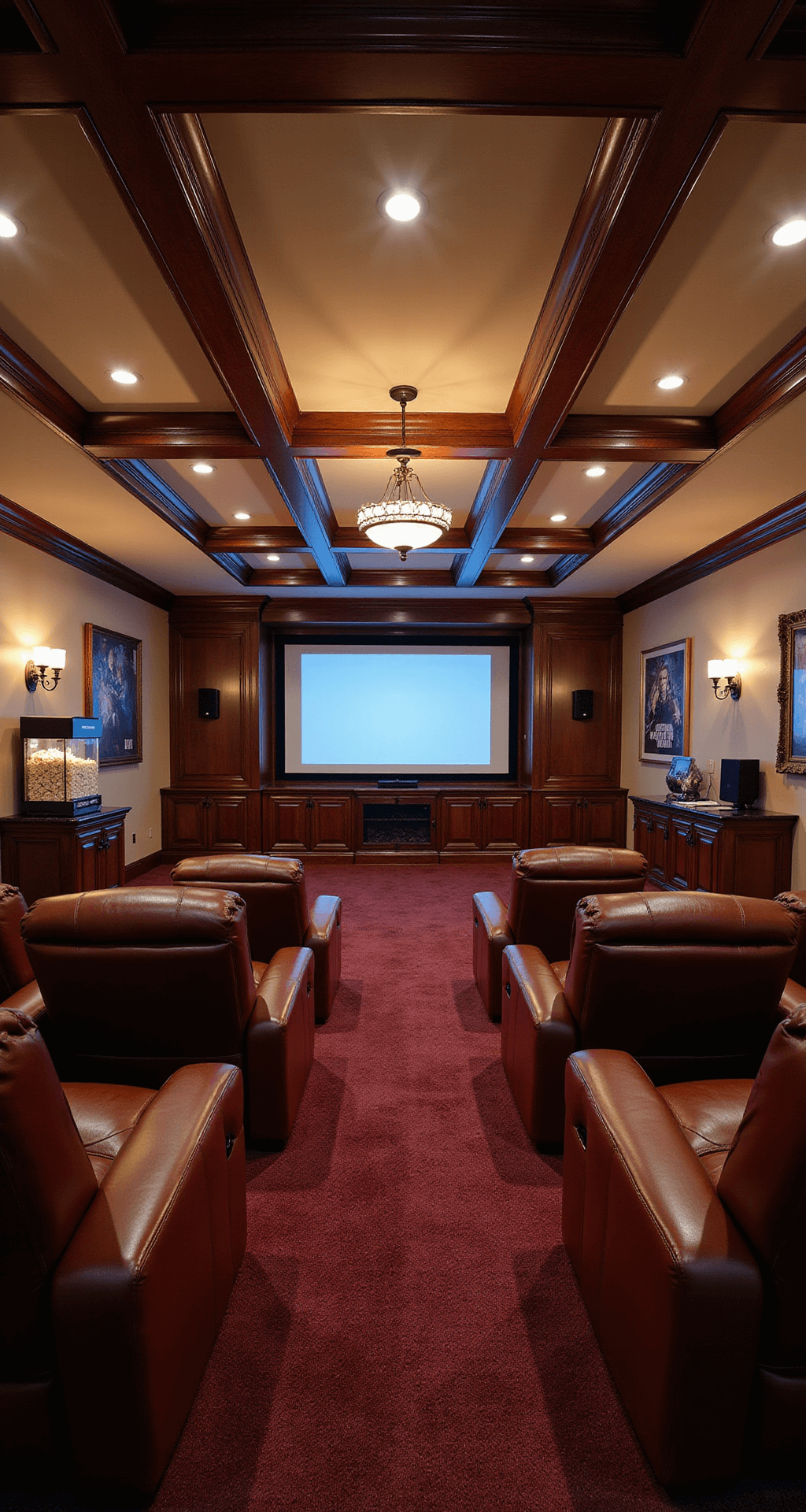 A luxurious two-story mansion entertainment room featuring a modern home theater with a large projection screen, plush leather recliners, a back bar, acoustic panels, and rich burgundy carpeting, all illuminated by sconce lighting and a central chandelier.