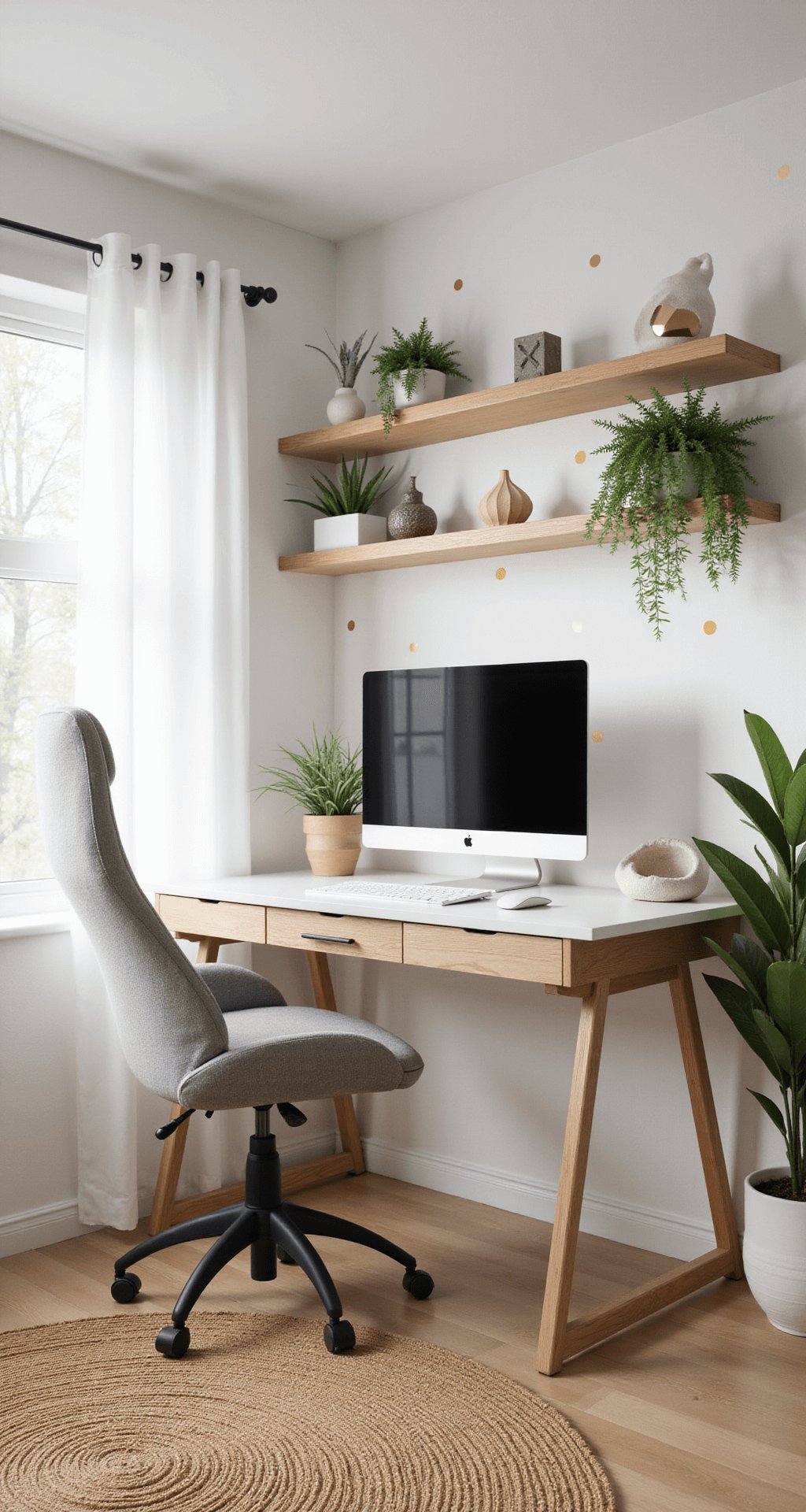 Bright and airy gaming room featuring a pale wood standing desk, minimalist setup with an ultrawide monitor, ergonomic kneeling chair, floating shelves with plants and sculptures, white walls with a gold polka dot accent wall, round jute rug, sheer curtains, and abundant morning sunlight.