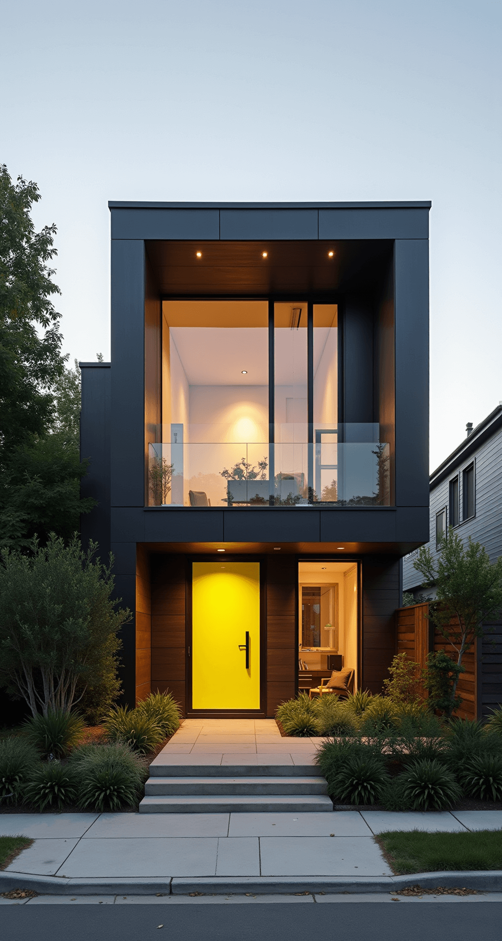 Modern mansion exterior at golden hour, showcasing a 40-foot wide facade with asymmetrical volumes, floor-to-ceiling windows, a flat roof with angles, mixed materials of brushed steel, charcoal concrete, and warm cedar, a neon yellow front door, and lush greenery, captured from street level with soft, warm lighting.