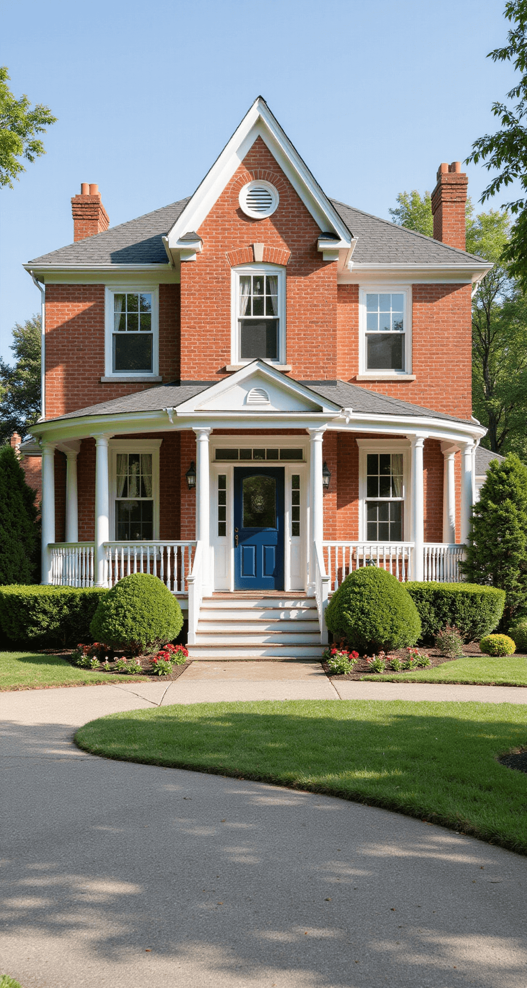 Charming two-story suburban home with red brick and white trim, featuring a navy blue door, wraparound porch, manicured hedges, flower beds, and elegant circular driveway, captured in bright afternoon light.