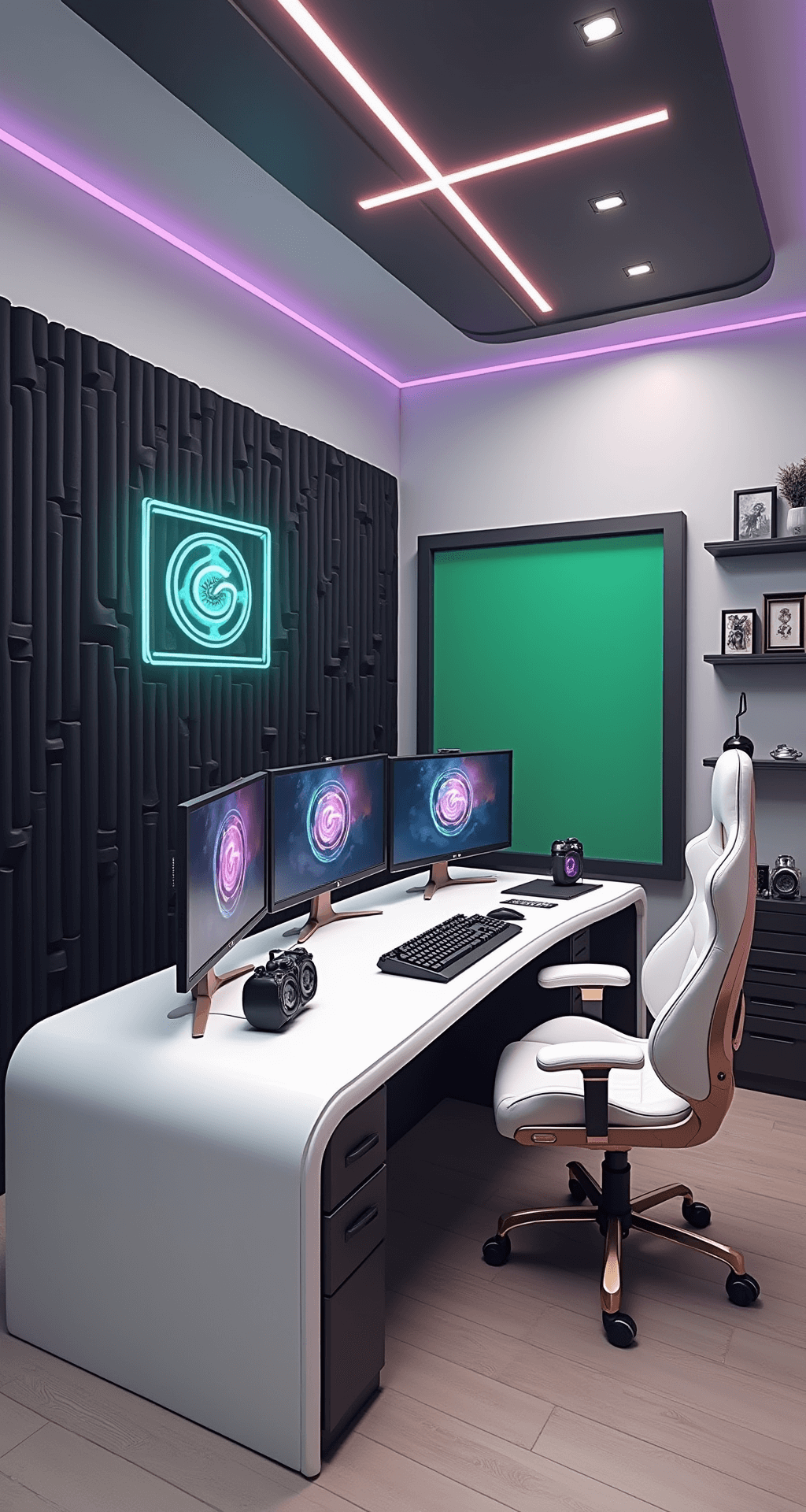 A modern 20x15 ft gaming studio featuring a custom curved white desk with multiple monitors, a white and rose gold ergonomic chair, a green screen, neon logo sign, floating shelves with awards and products, light gray walls with geometric acoustic panels, and RGB ceiling lights, all illuminated for professional streaming.