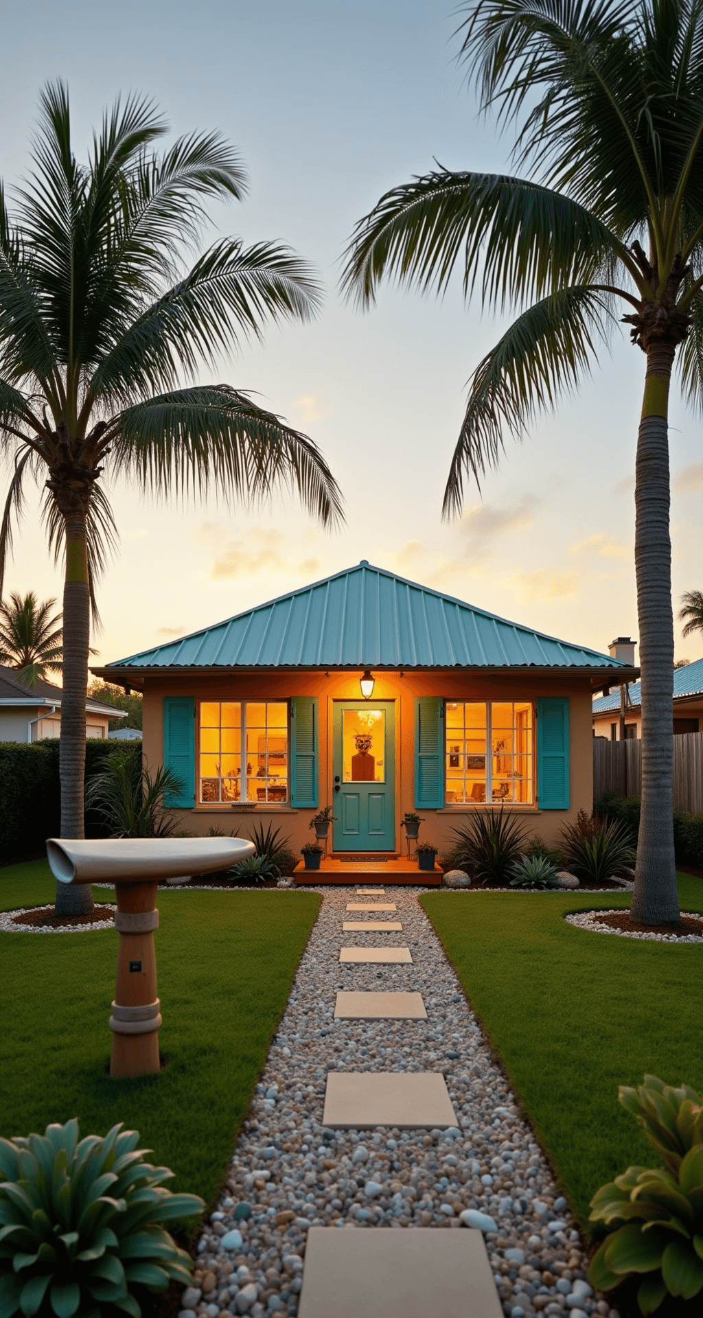 Whimsical beach-themed house at sunset with sand-colored stucco walls, a teal metal roof, palm trees framing the entrance, a tiki bar on the front lawn, aqua shuttered windows, a surfboard mailbox, and shell-lined pathways amidst tropical plants, all bathed in warm golden hour light.