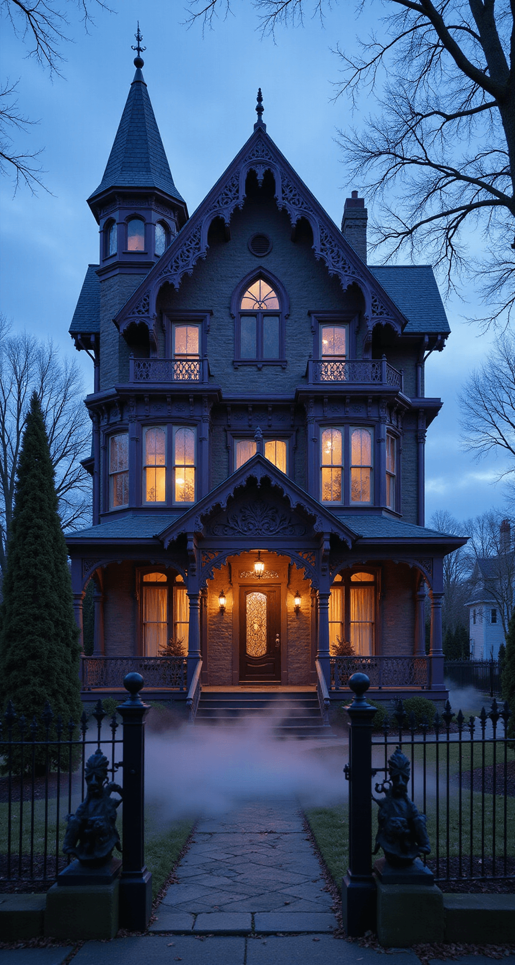 An elegant Victorian-inspired mansion at twilight, featuring deep purple and silver gingerbread trim, turrets, and gables, with glowing stained glass windows. Surrounded by a wrought-iron fence, two gargoyles guard the entrance as mist swirls around the base, captured from a dramatic low angle with moody blue lighting and warm accents.