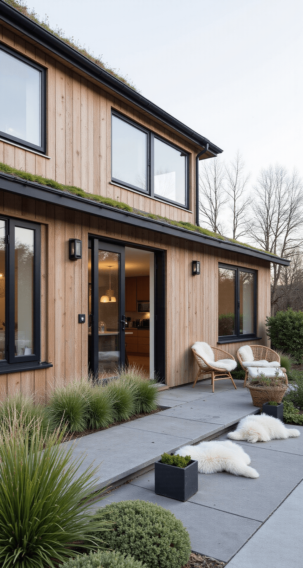 A minimalist Scandinavian-style house with light ash wood siding, large geometric windows, matte black metal accents, and a green roof, surrounded by simple planters with native grasses. An inviting outdoor seating area features sheepskin throws, all captured in cool morning light.