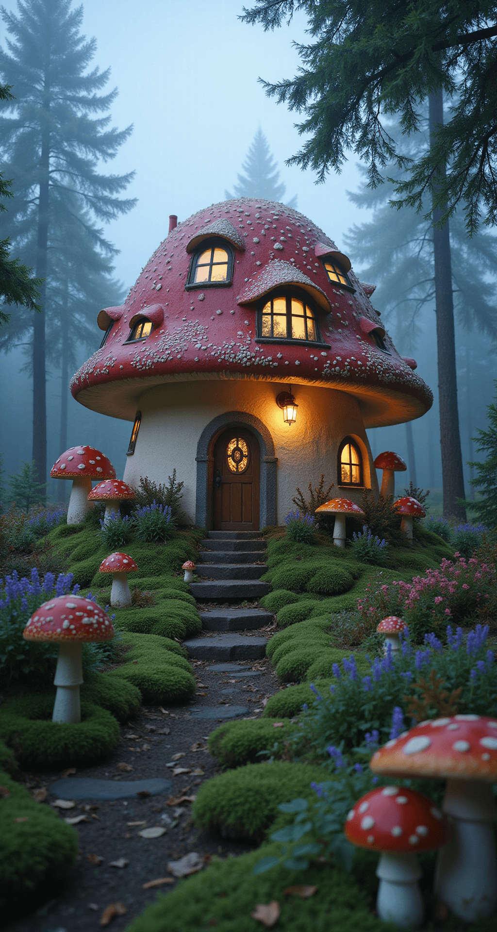 A whimsical mushroom-shaped dwelling with red and white spots in a misty glade, surrounded by oversized flowers and toadstools, features a mossy path leading to an arched door. Fireflies illuminate the scene, creating a magical atmosphere under soft, diffused lighting.