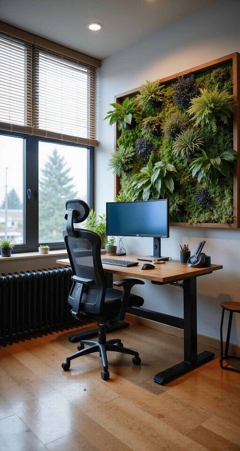 A corner perspective of a 13x14ft ergonomic gaming sanctuary featuring a premium motorized standing desk under large windows, an ergonomic mesh gaming chair, dual curved monitors on a monitor arm, a living wall of air-purifying plants, cork flooring, and bias lighting for reduced eye strain.