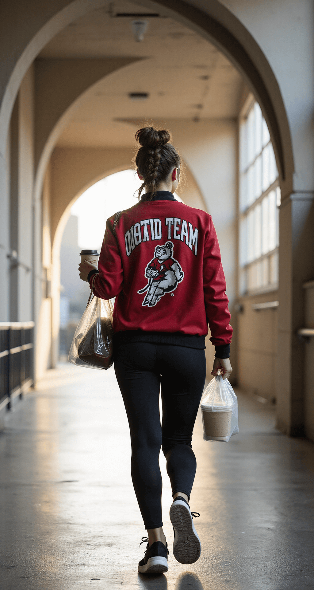 The Ultimate Game Day Outfit A confident woman in a DIY-customized team jacket and black leggings walks through concrete archways of a stadium, carrying a clear bag and coffee, with a braided updo adorned with team ribbons, bathed in morning light that casts dynamic shadows.