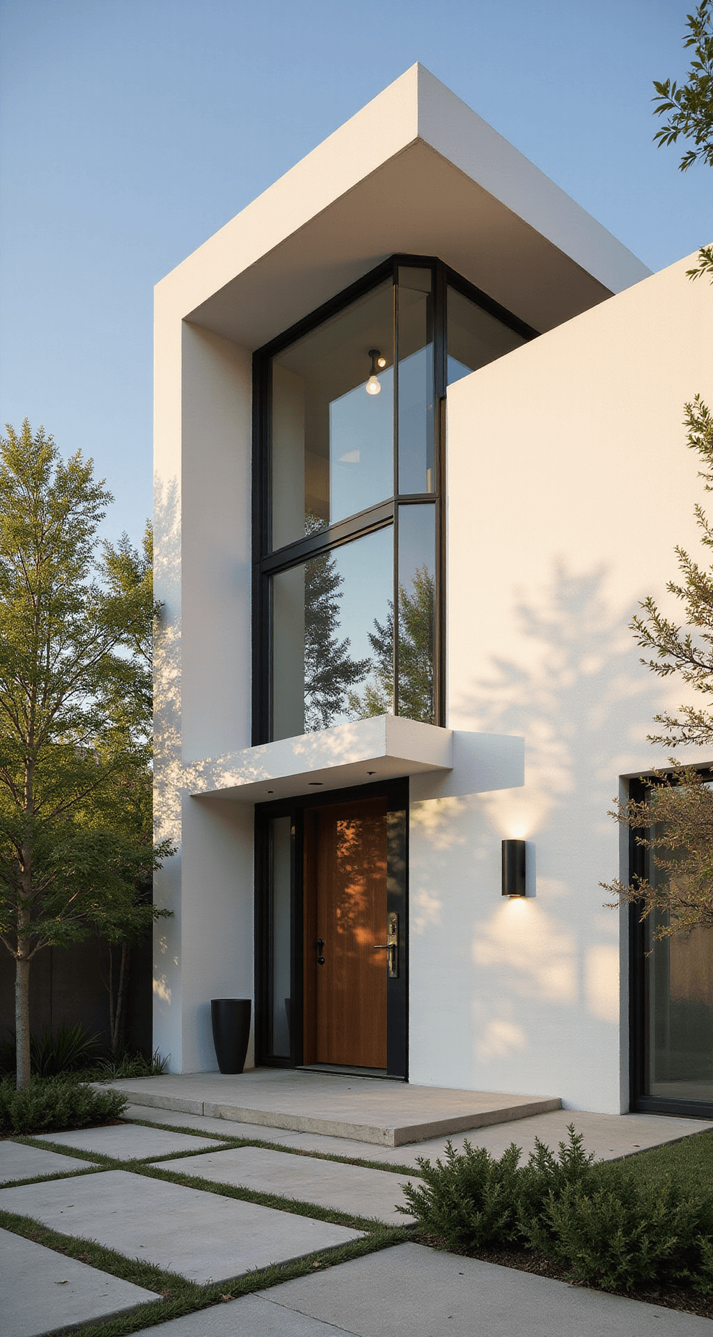 A modern minimalist villa featuring a wide contemporary facade of stark white cubic volumes and black metal frames around expansive windows, captured at golden hour with geometric landscaping, Japanese maple trees, and dramatic angular shadows.