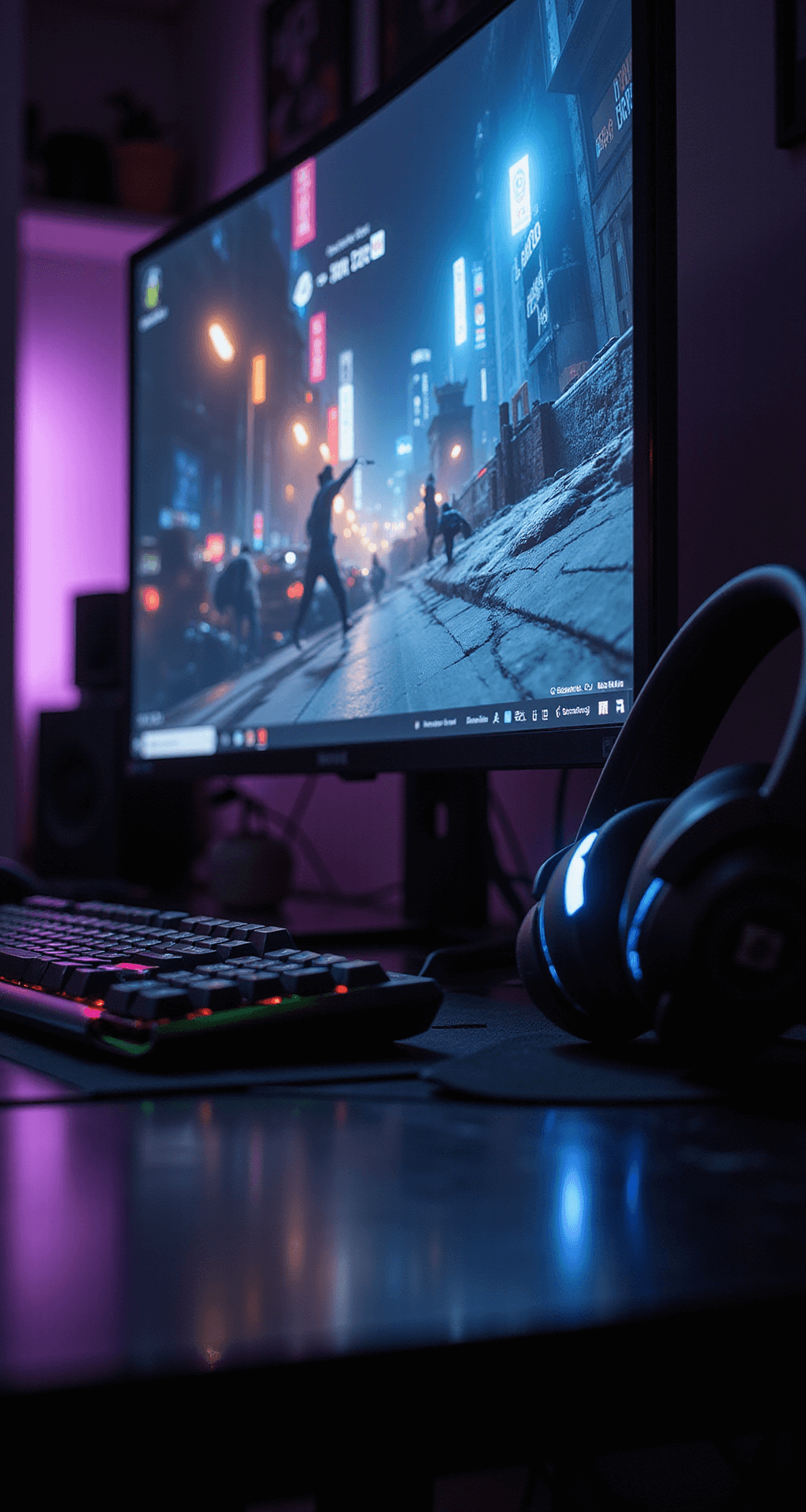 Close-up of a gaming setup featuring an ultrawide curved monitor displaying a vibrant game scene, with a glossy black desk reflecting RGB lighting from a mechanical keyboard and gaming mouse, and a high-end headset on a stand to the right, all set in a pitch-black room at midnight.