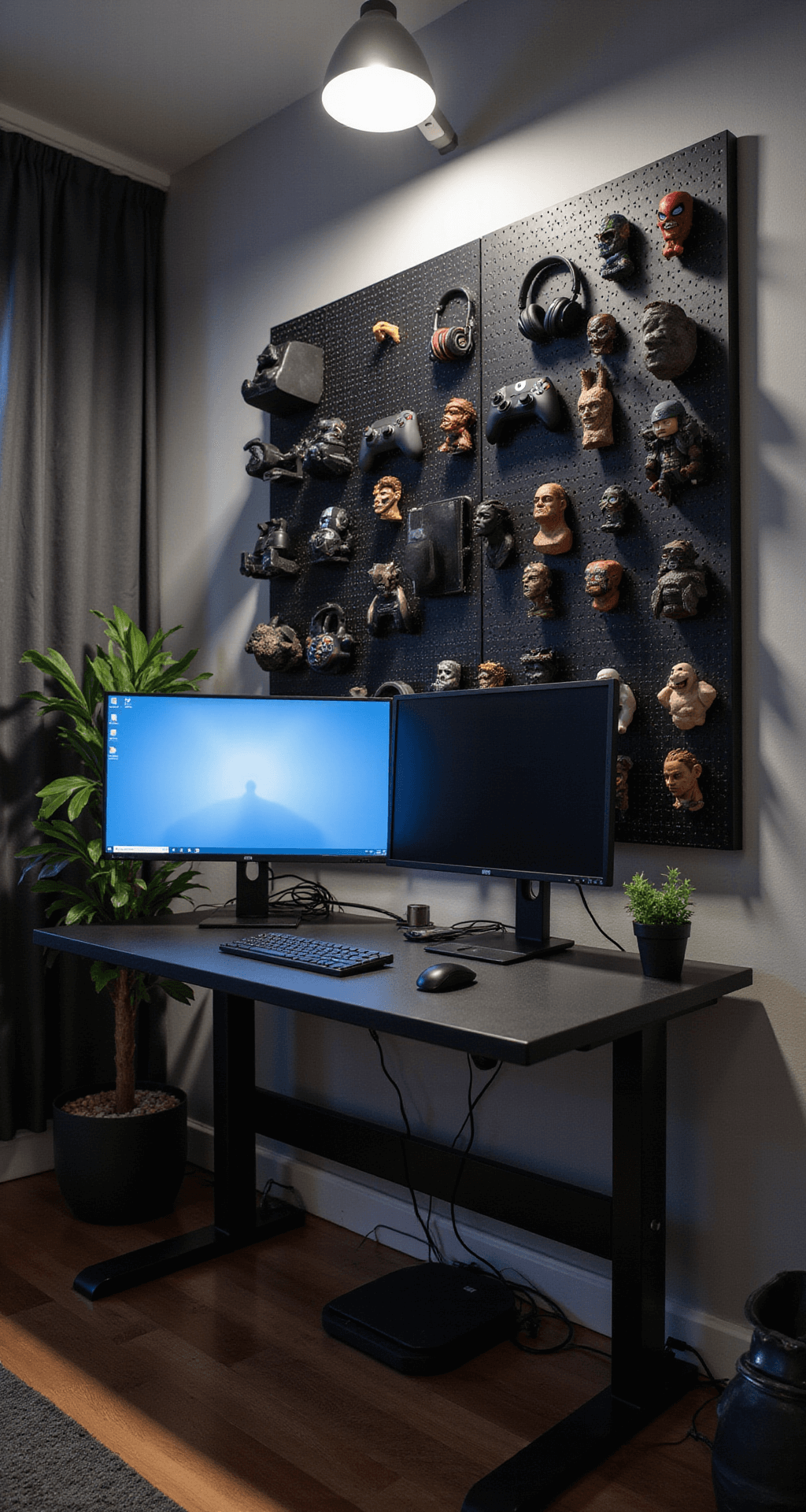 An organized black-themed gaming workspace featuring a compact height-adjustable desk with a dual-monitor setup, a well-arranged black metal pegboard displaying gaming accessories, and impeccable cable management, all illuminated by overhead task lighting.