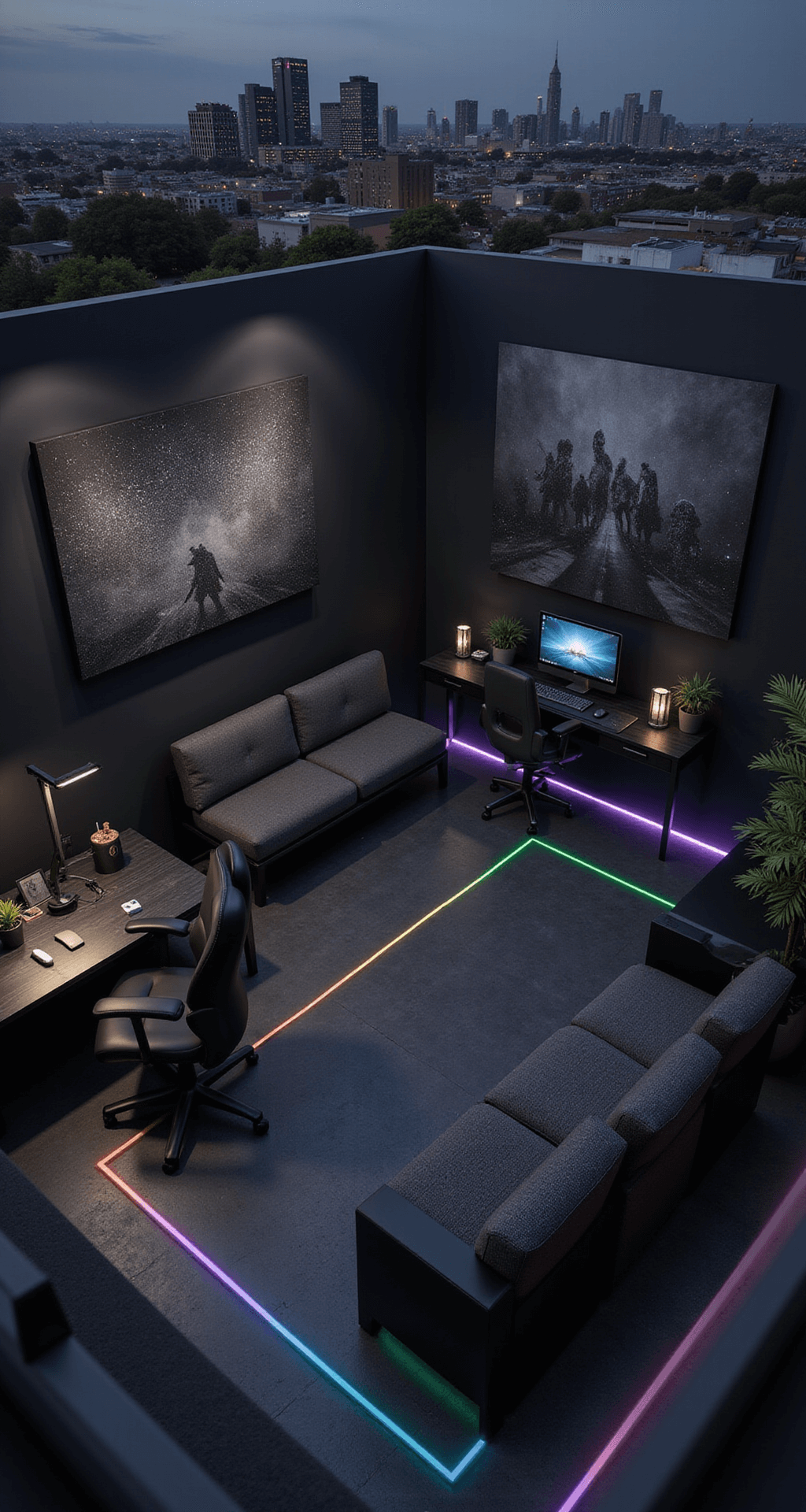 A panoramic view of a minimalist black gaming room at dusk, divided into gaming, relaxation, and work zones, each featuring different textures of black, with RGB accents creating a starfield effect. A large abstract gaming-themed artwork in shades of gray adorns one wall, while ambient lighting defines each area.