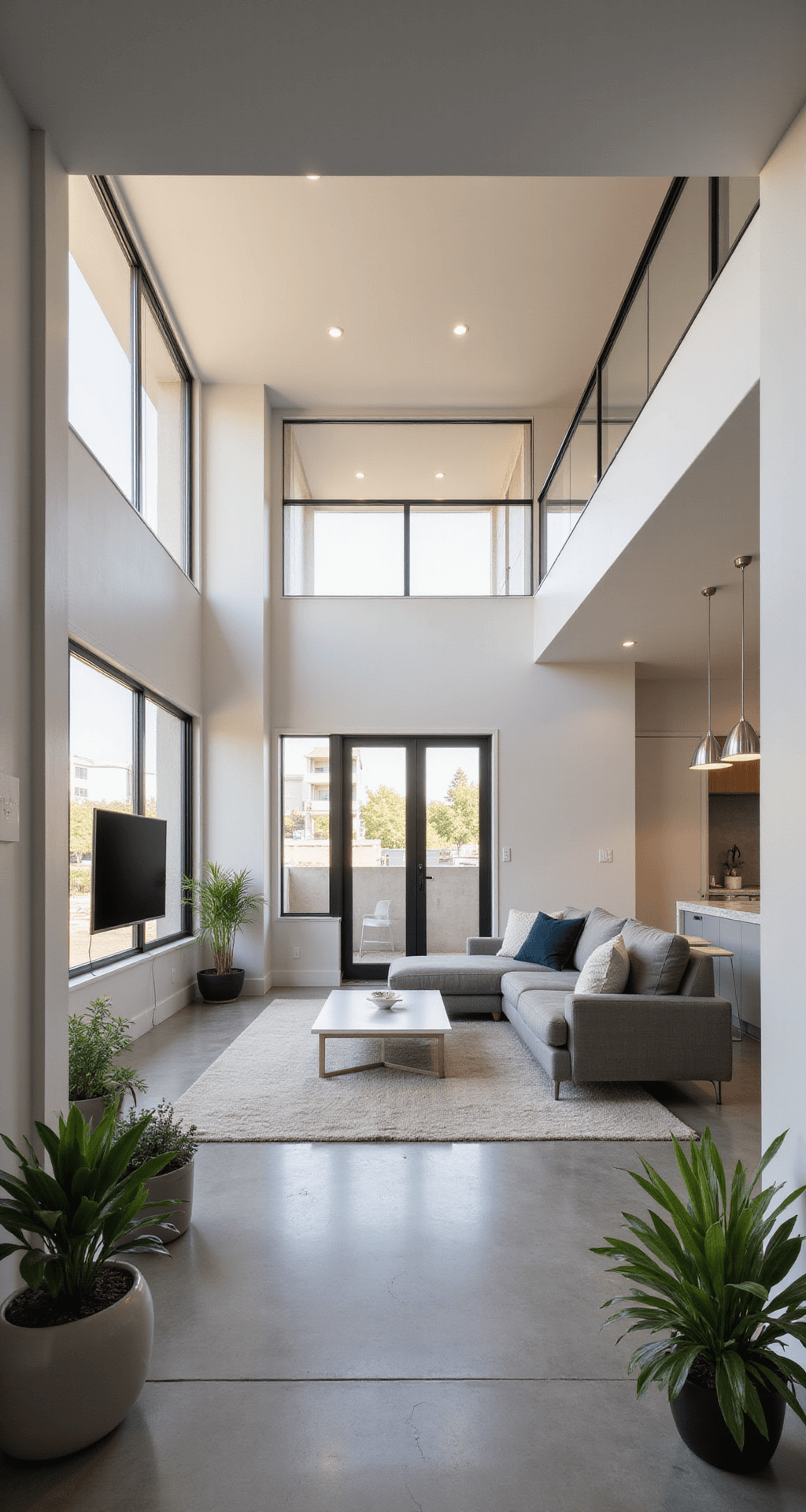 A spacious modern living area in a one-story Bloxburg home featuring floor-to-ceiling windows, a gray sectional sofa facing a flat-screen TV, a white coffee table, and a kitchen island with quartz countertops, all illuminated by warm afternoon light.