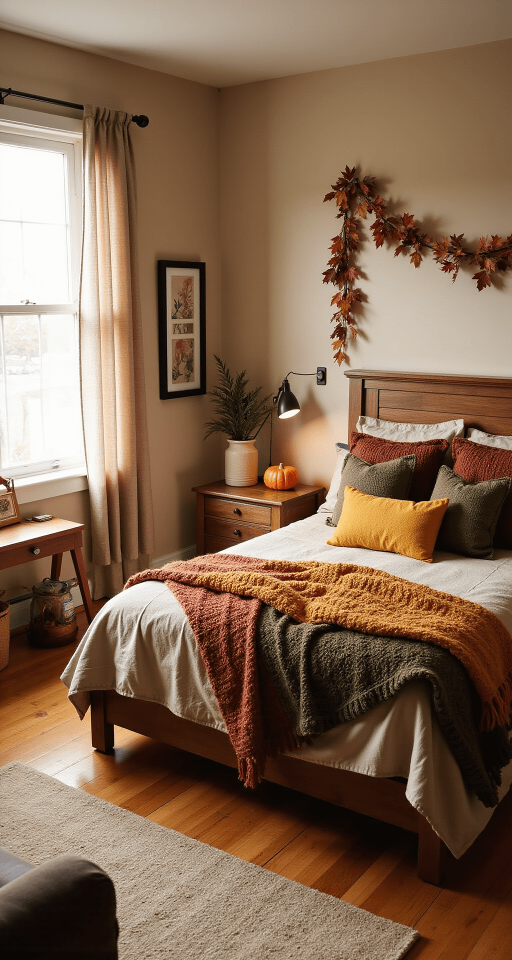 A cozy fall-themed bedroom featuring warm beige walls and honey-toned hardwood floors, with a queen-size bed draped in chunky knit blankets and autumn-colored pillows. A small writing desk beneath a window with sheer curtains allows soft light in, while pumpkin decor and leaf garlands add seasonal charm. The room is captured from a corner view, highlighting its warm, inviting atmosphere.