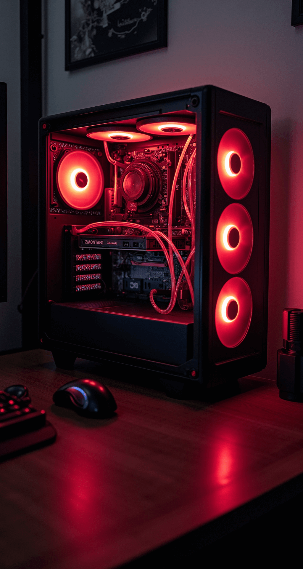 Extreme close-up of a custom PC build in a black gaming room, showcasing its tempered glass case and components illuminated by deep red RGB lighting. Liquid cooling tubes run through the system, resembling neon arteries. The PC is on an elevated stand, with dramatic night lighting highlighting the intricate details of the internals against a dark background.