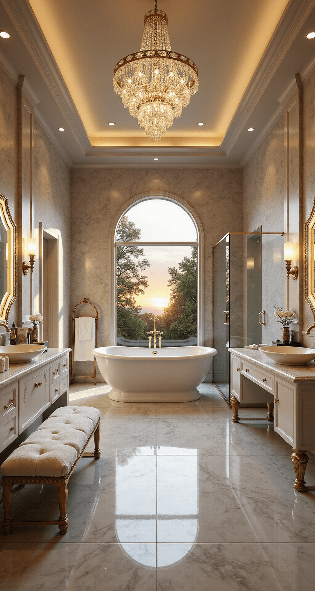 Opulent master bathroom in a luxury Bloxburg mansion featuring marble tiles, gold accents, a freestanding oval bathtub, double vanities, and a rainfall shower, all illuminated by a grand chandelier and soft warm lighting.